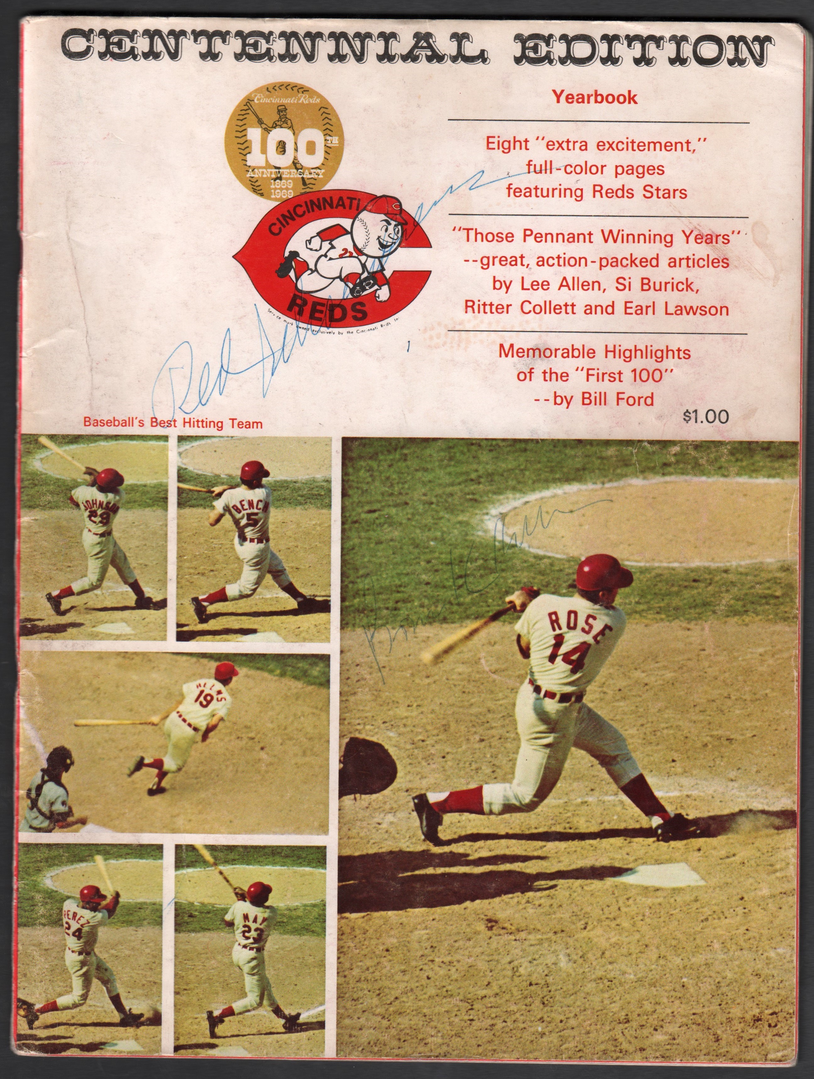 Baseball Autographs - 1969 Cincinnati Reds Vintage Signed Yearbook with 27 Signatures Including Rose and Bench