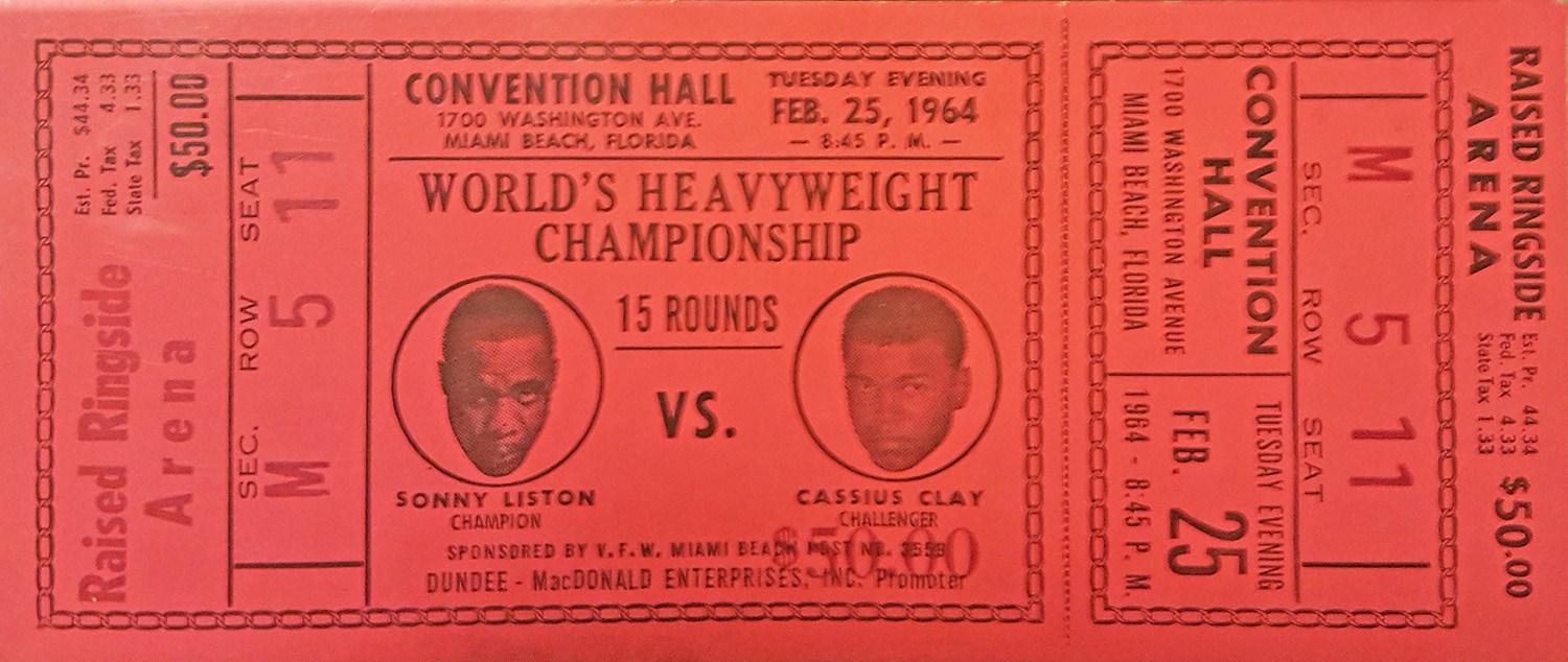 Muhammad Ali & Boxing - 1964 Cassius Clay vs. Sonny Liston I Signed Full Ticket (PSA)