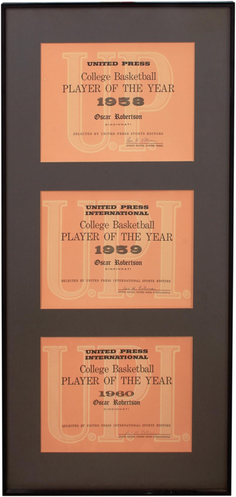 The Oscar Robertson Collection - 1958, 1959 and 1960 Oscar Robertson UPI College Player of the Year Awards