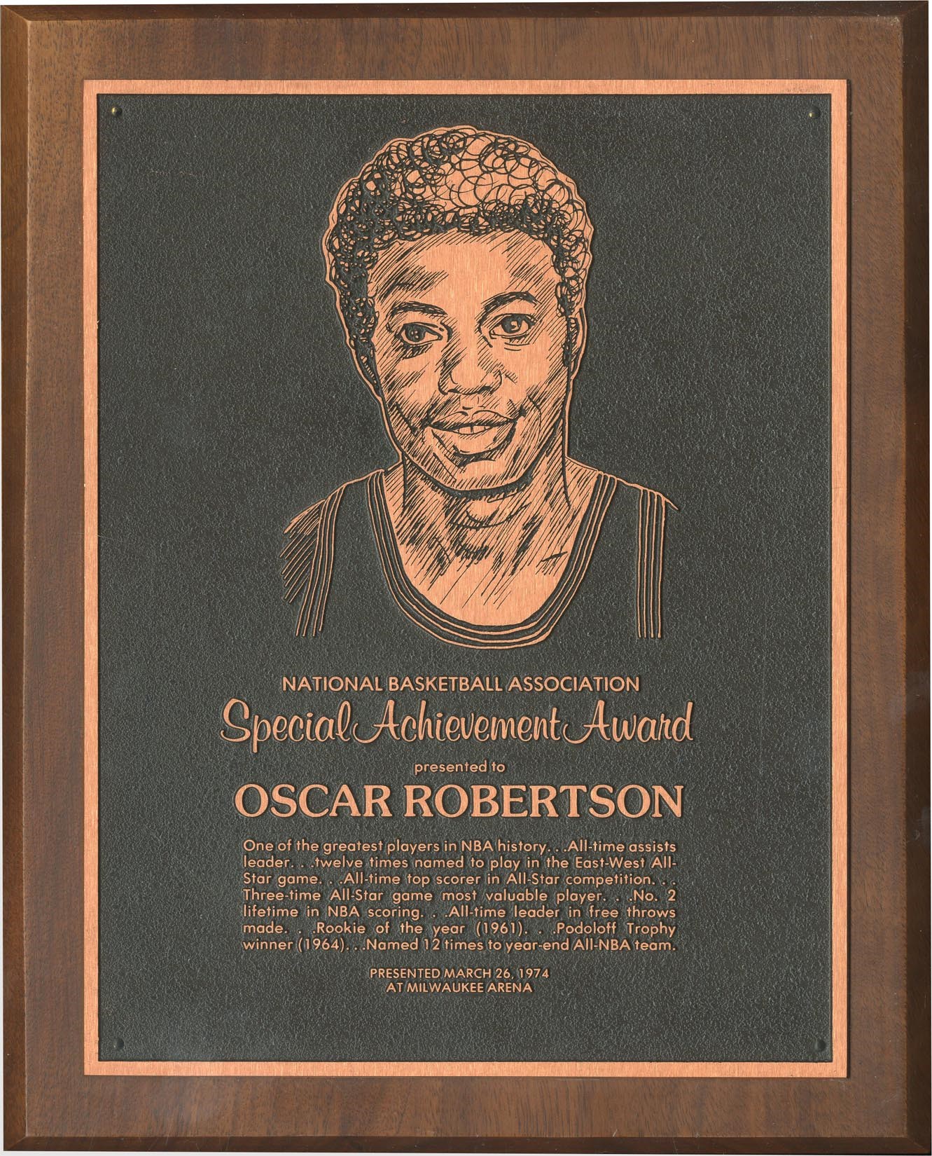 The Oscar Robertson Collection - 1974 Oscar Robertson NBA Special Acheivement Award