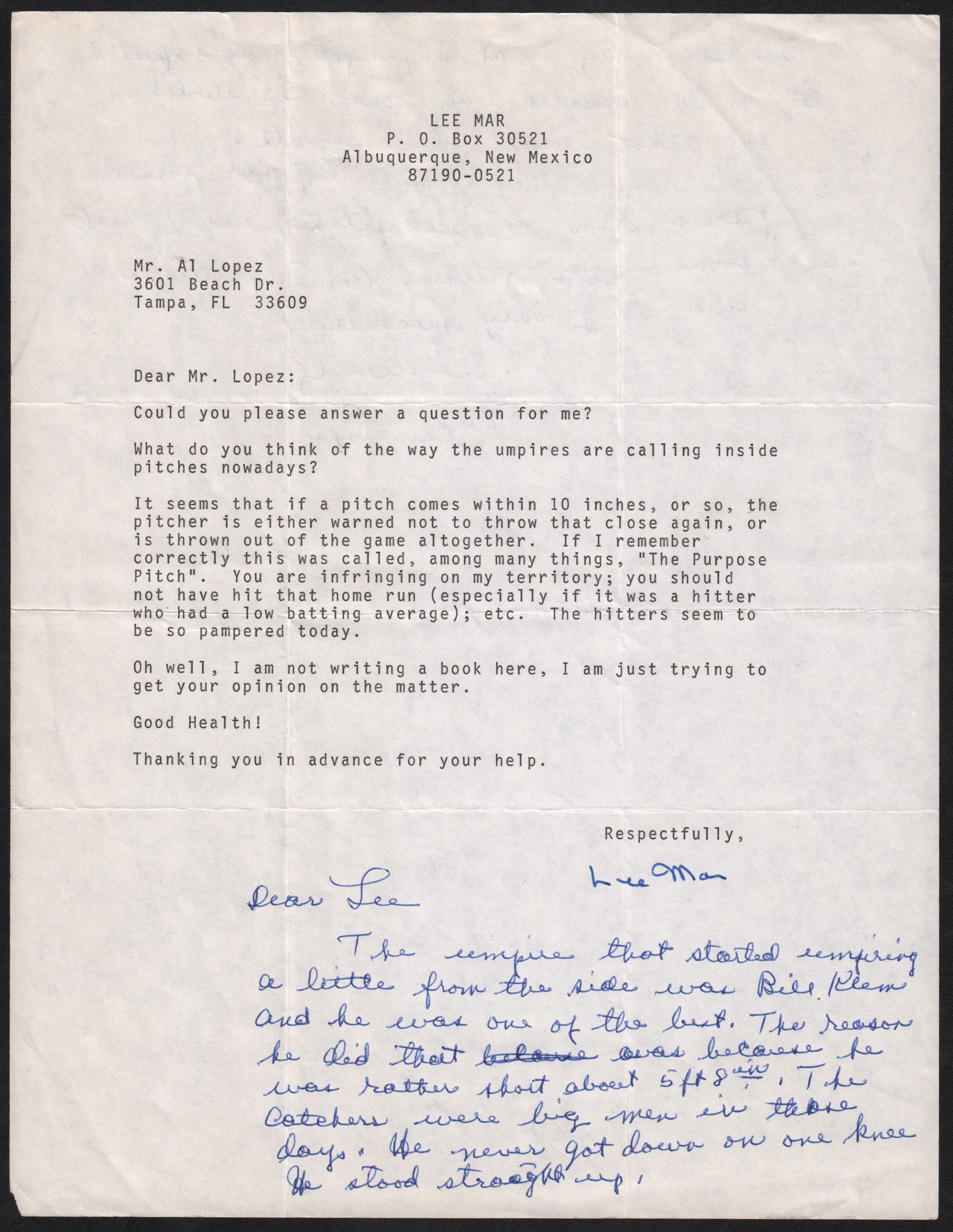 Baseball Autographs - Al Lopez Handwritten Reply to 1-page Typed Letter