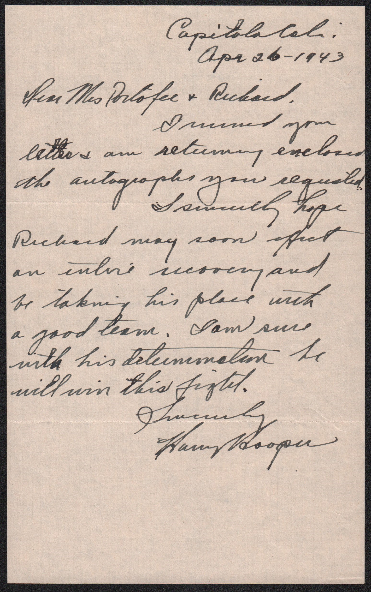 Baseball Autographs - Harry Hooper Handwritten Letter