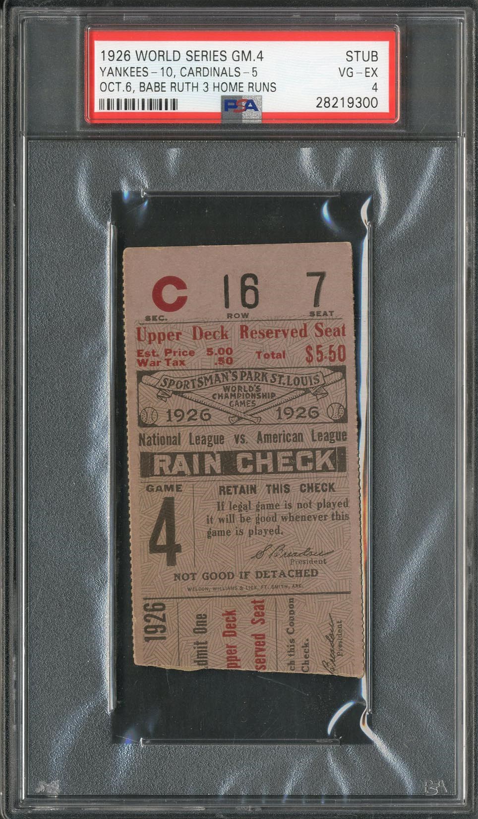 Ruth and Gehrig - 1926 World Series Ticket Stub from Ruth 3 Home Run Game (PSA)