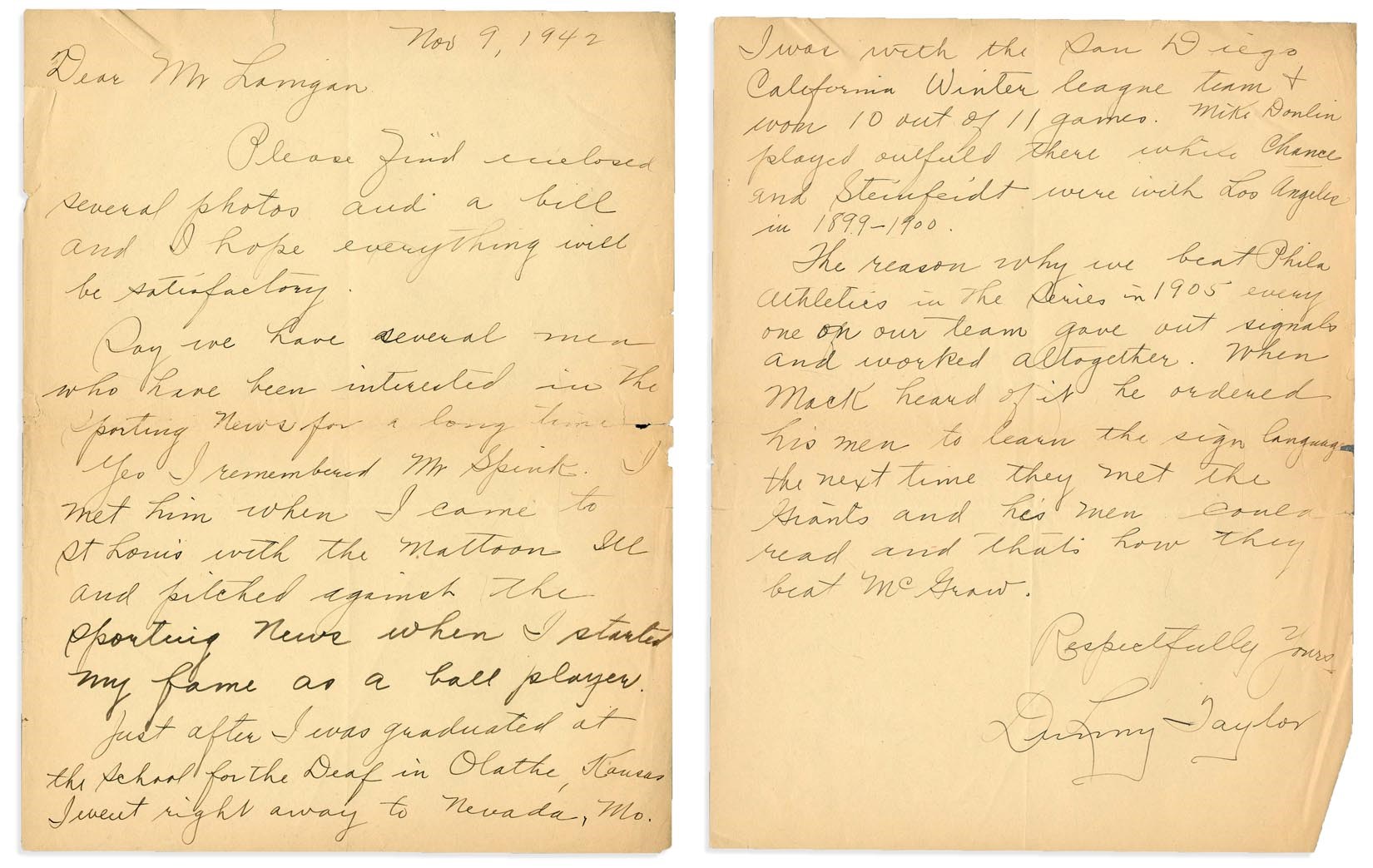 Baseball Autographs - Important Dummy Taylor Letter on How Mack Beat McGraw In 1905 World Series (PSA)