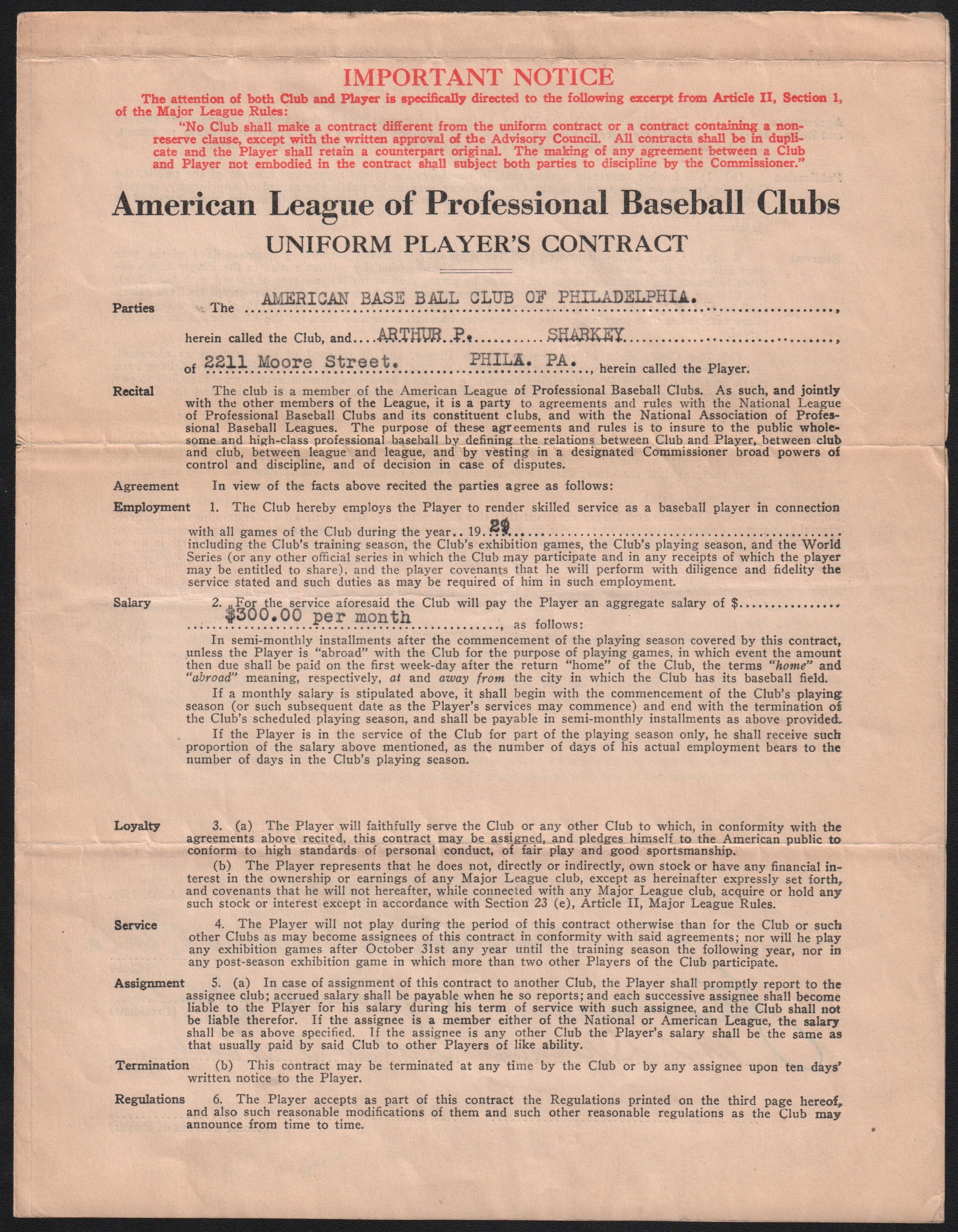 - 1929 Arthur Sharkey World Championship Year Signed Philadelphia Athletics Contract