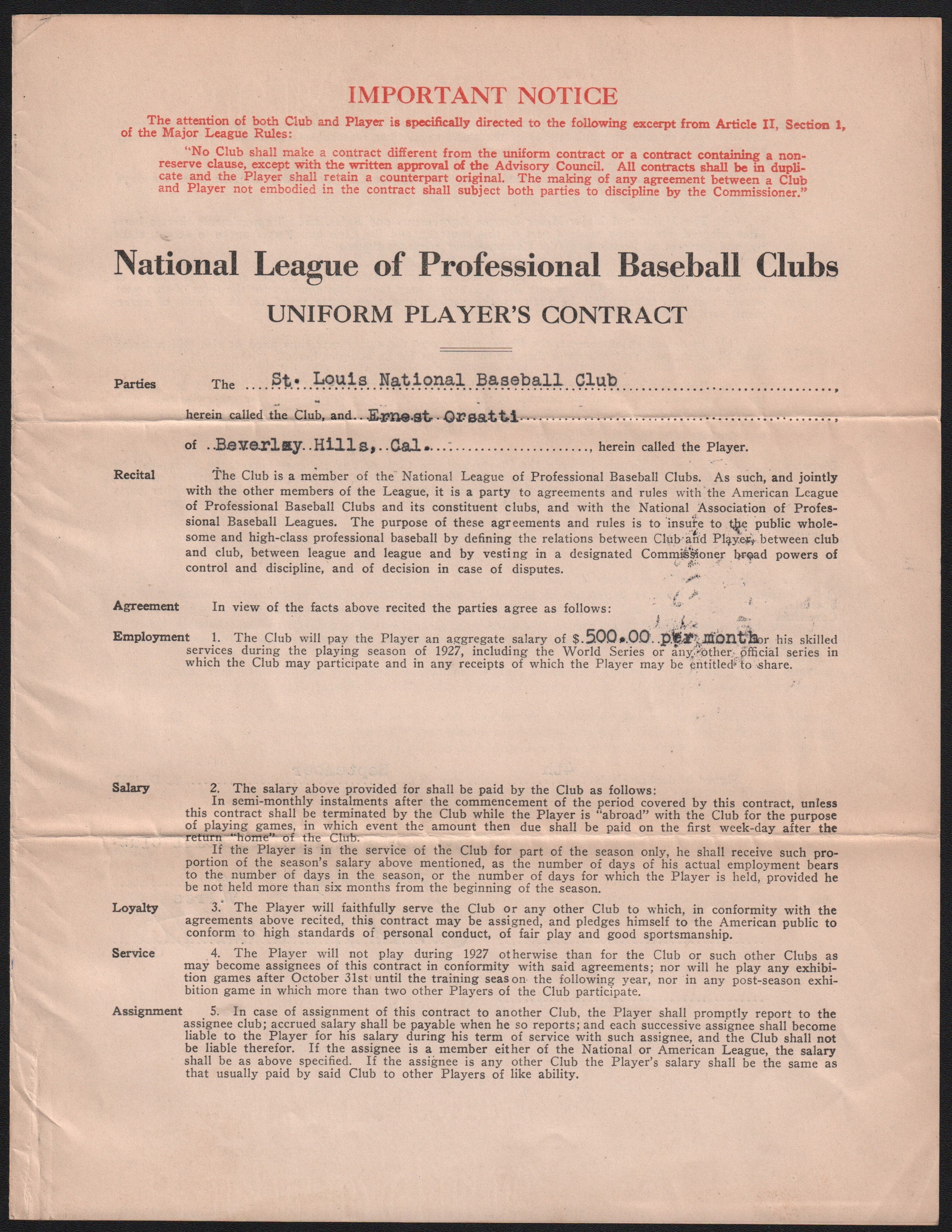 Baseball Autographs - 1927 Ernie Orsatti St. Louis Cardinals Contract with Branch Rickey