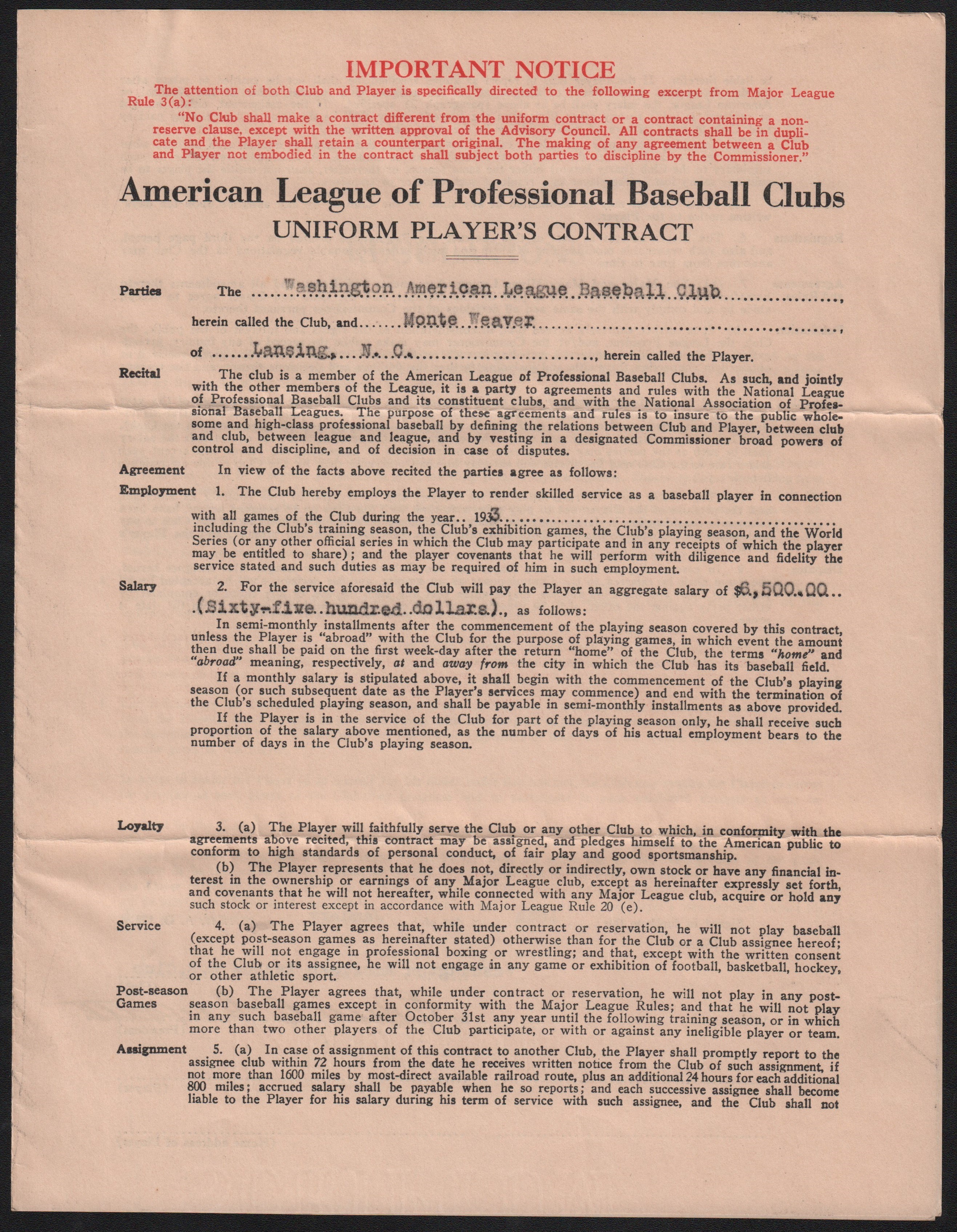 Baseball Autographs - 1933 Monte Weaver Washington Senators Contract with Clark Griffith