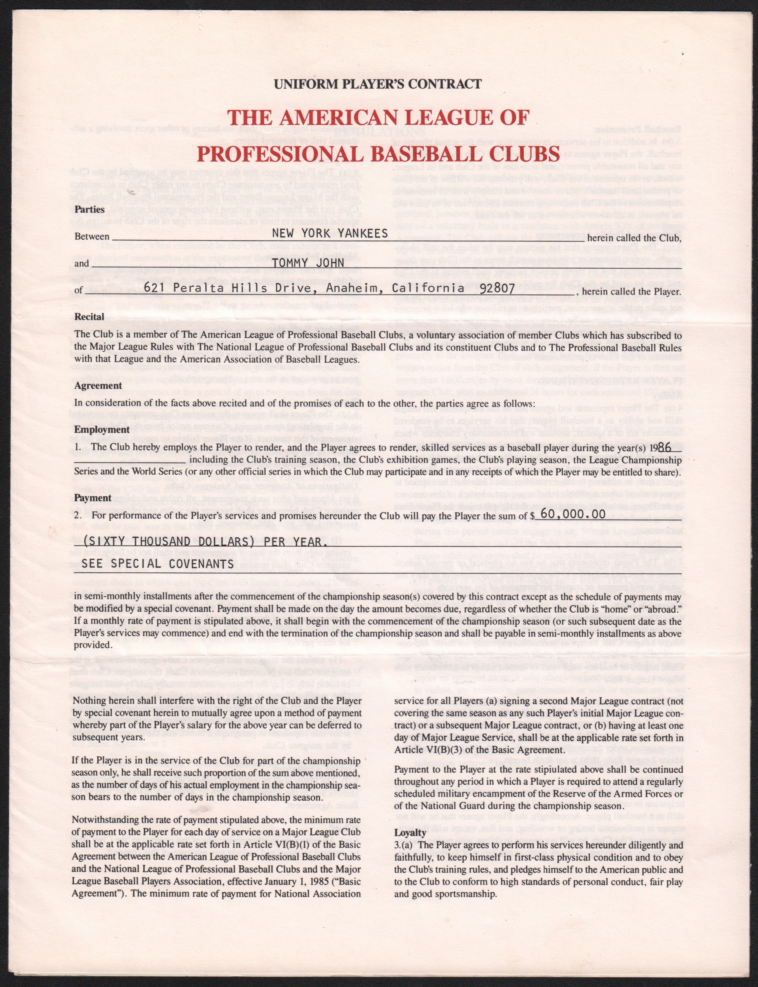 Baseball Autographs - 1986 Tommy John New York Yankees Contract with "Tommy John" Surgery Sign-off