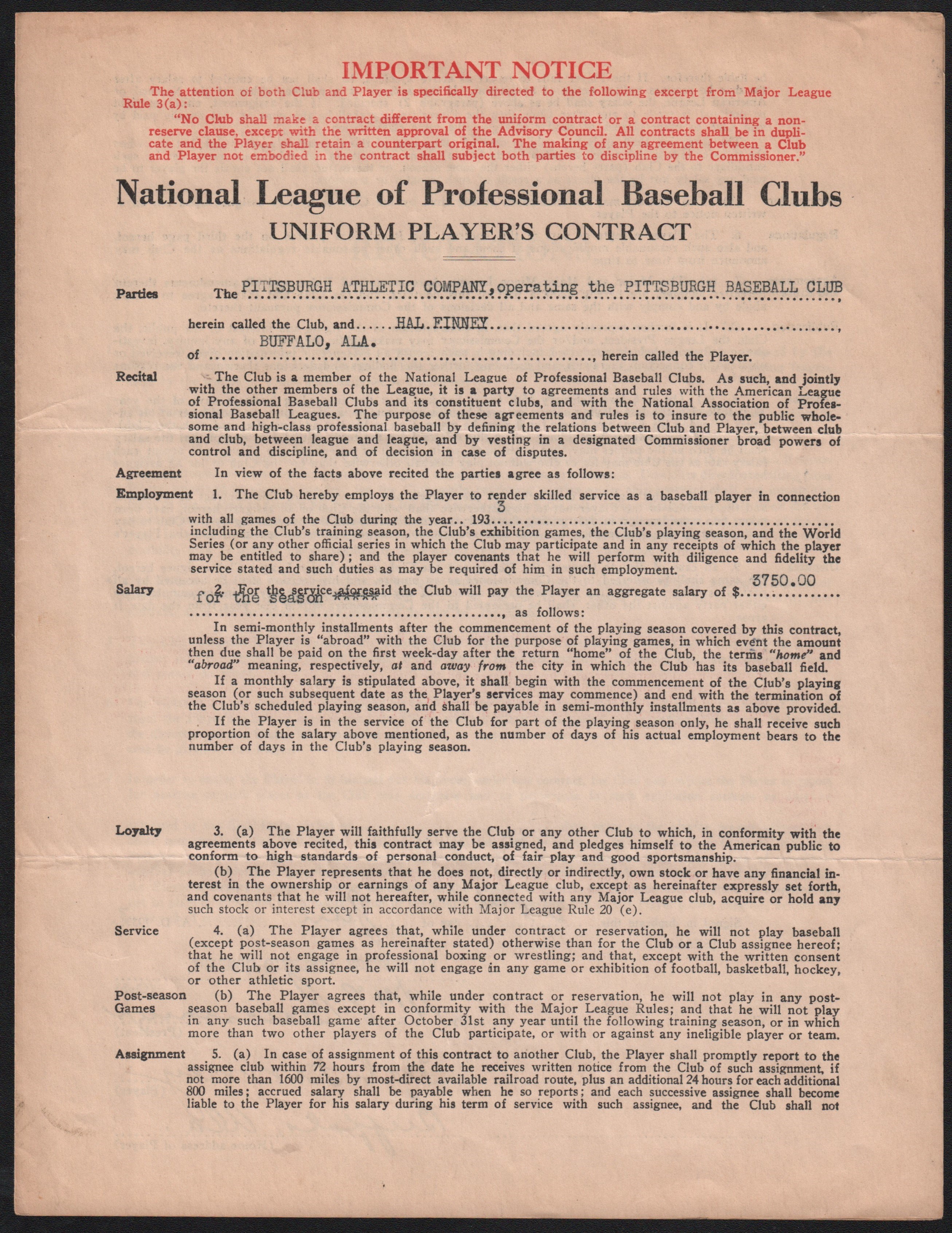 Baseball Autographs - 1933 Hal Finney Pittsburgh Pirates Contract w/John Heydler