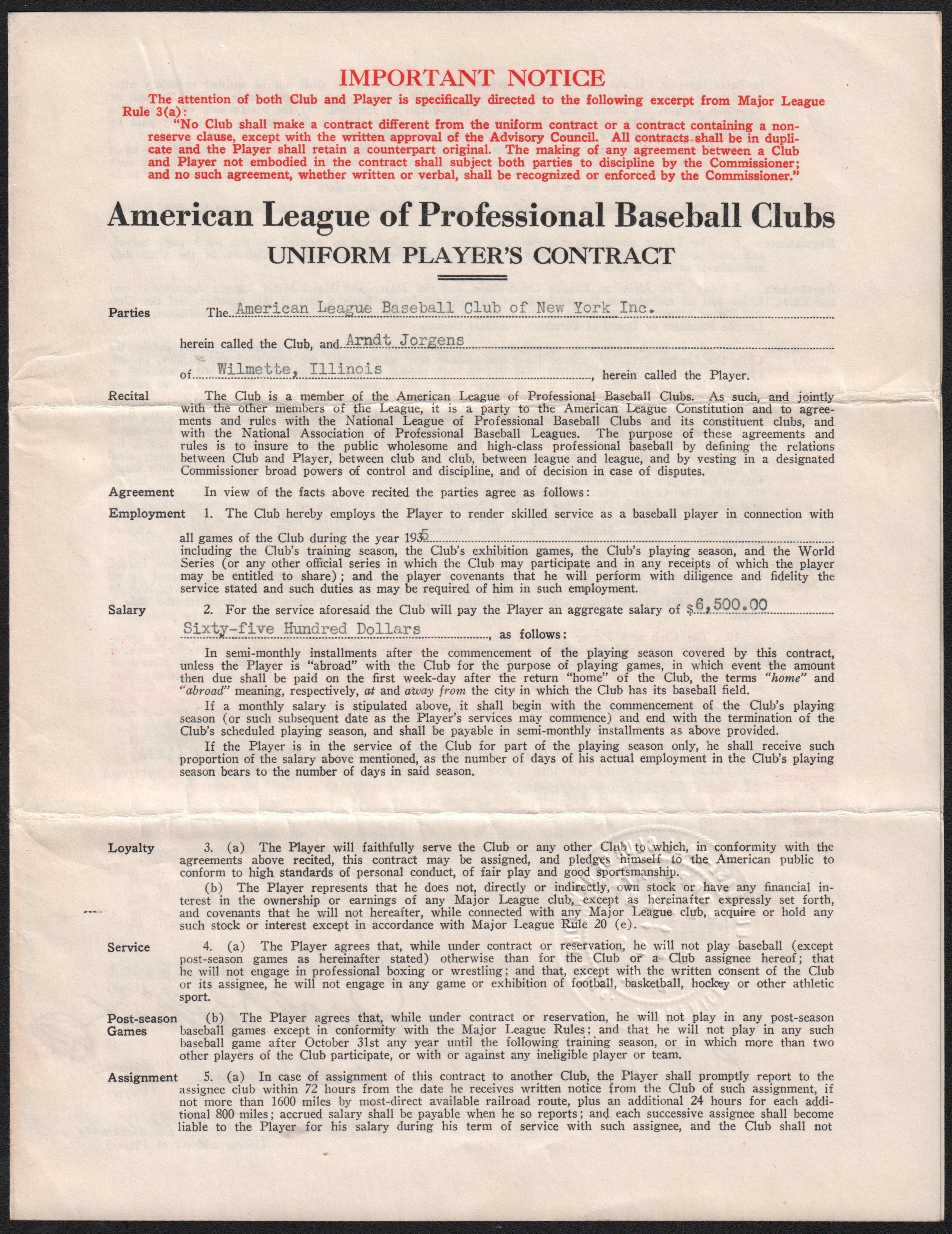 Baseball Autographs - 1935 Arndt Jorgens New York Yankees Contract