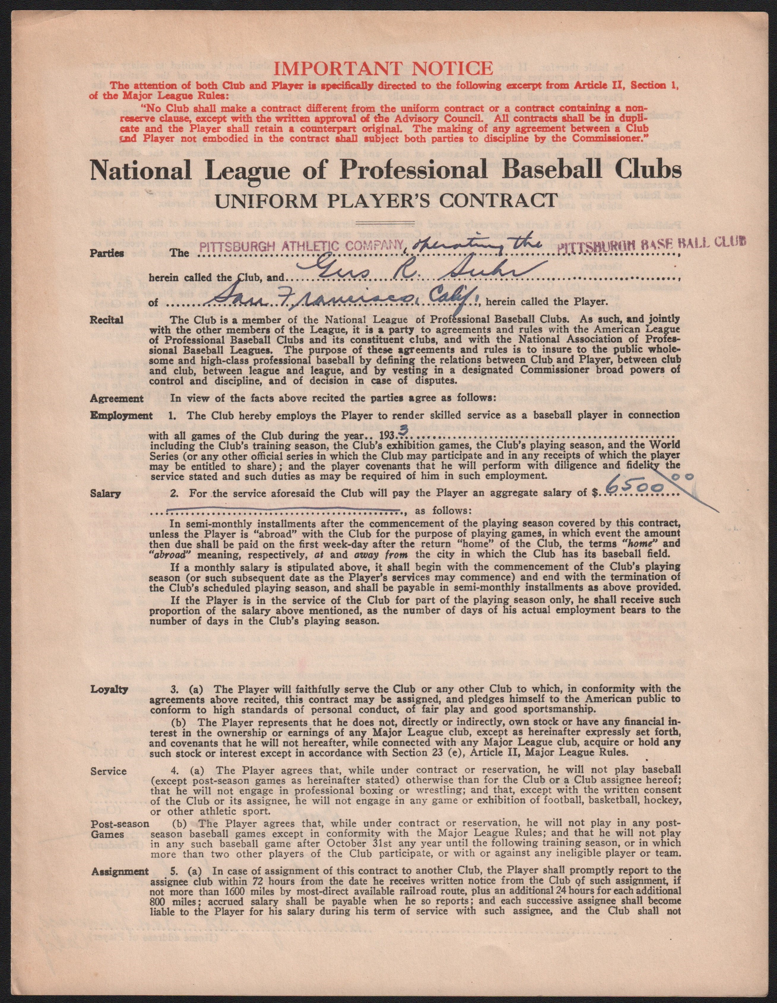 Baseball Autographs - 1933 Gus Suhr Pittsburgh Pirates Contract with John Heydler - N.L. Iron Man
