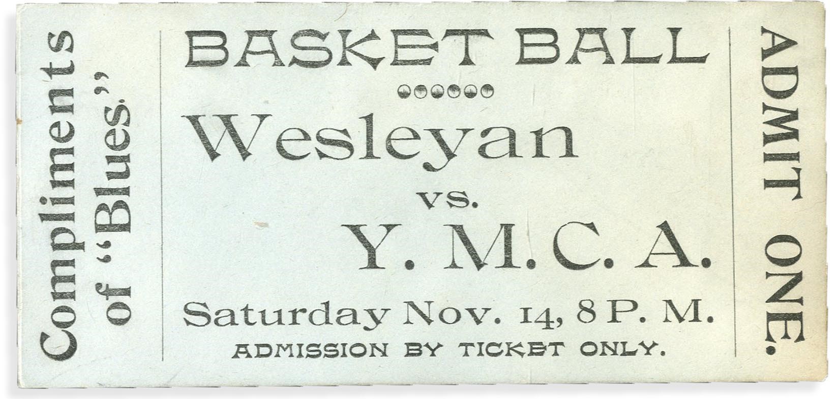 1896 Springfield YMCA vs. Wesleyan Basketball Full Ticket