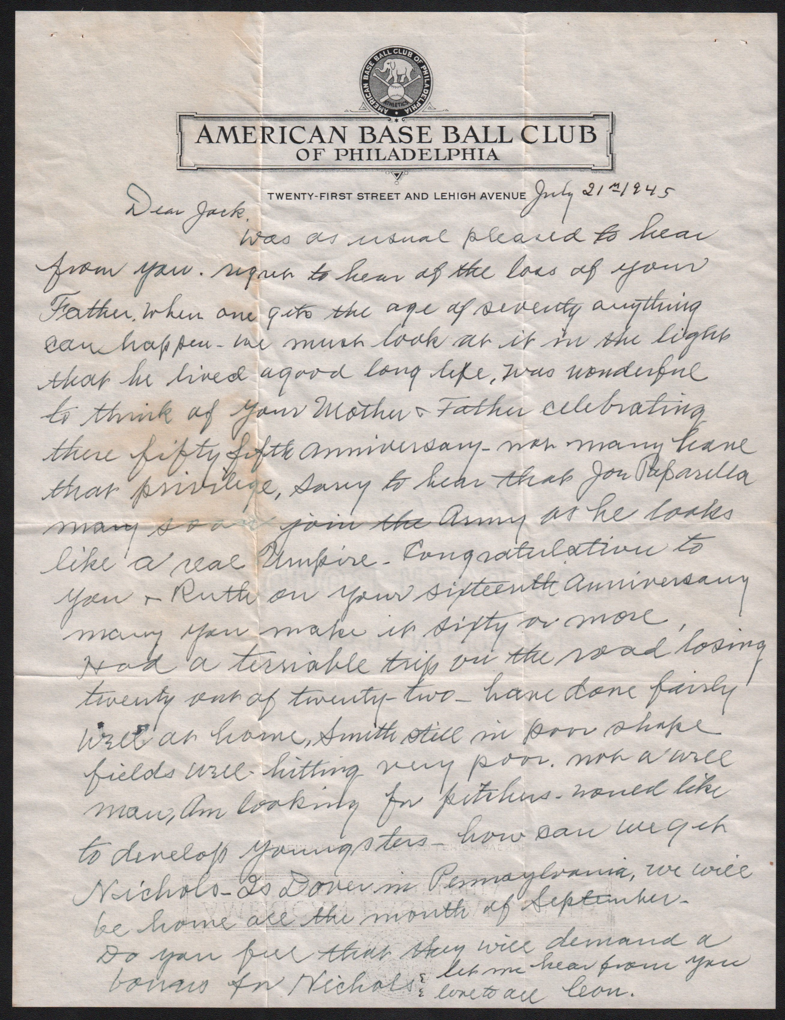 Baseball Autographs - 1945 Connie Mack Handwritten Letter