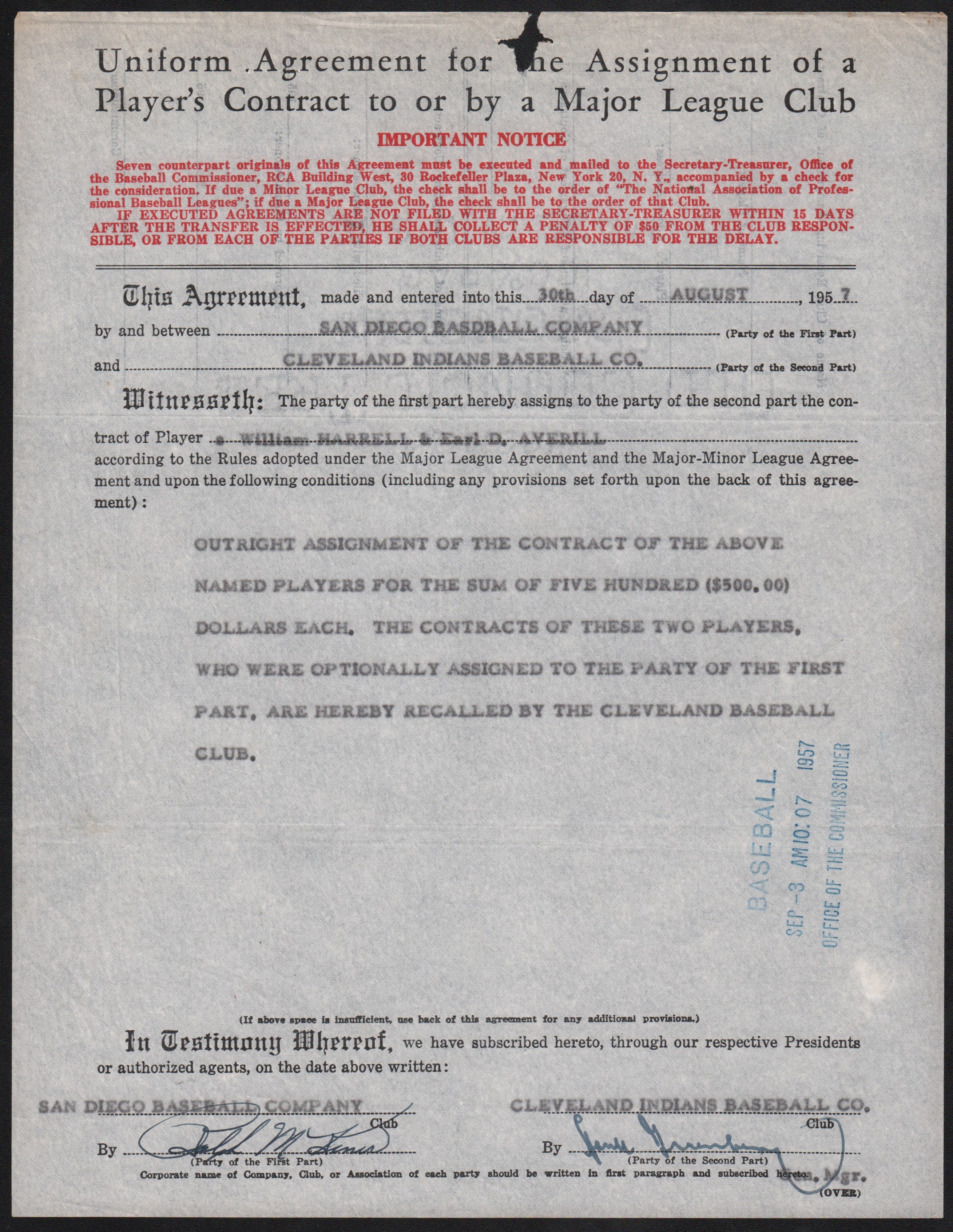Baseball Autographs - 1957 Earl Averill Trade Agreement Signed by Hank Greenberg and Ralph Kiner