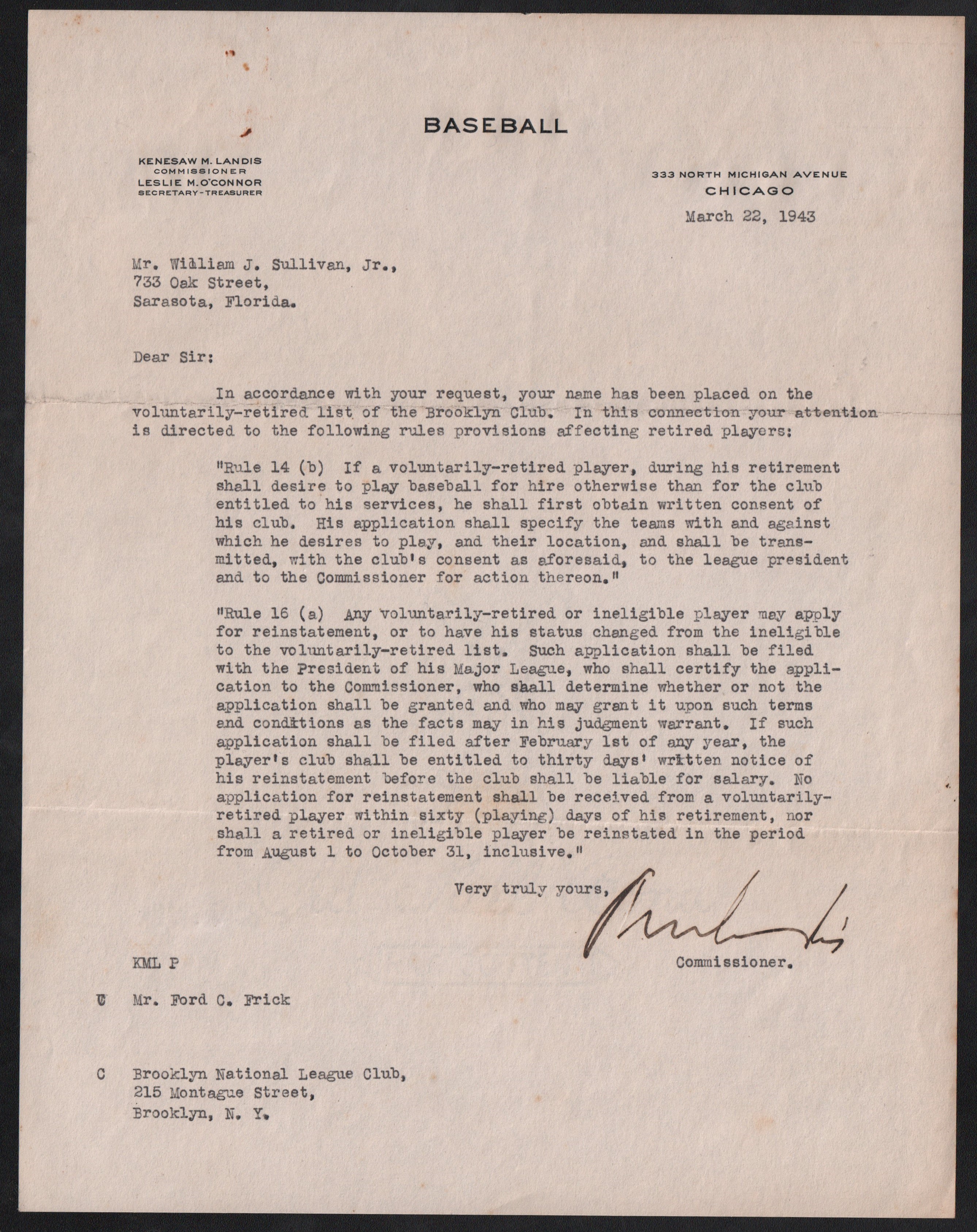 Commissioner Kenesaw Landis Signed Letter w/Brooklyn Dodgers Content