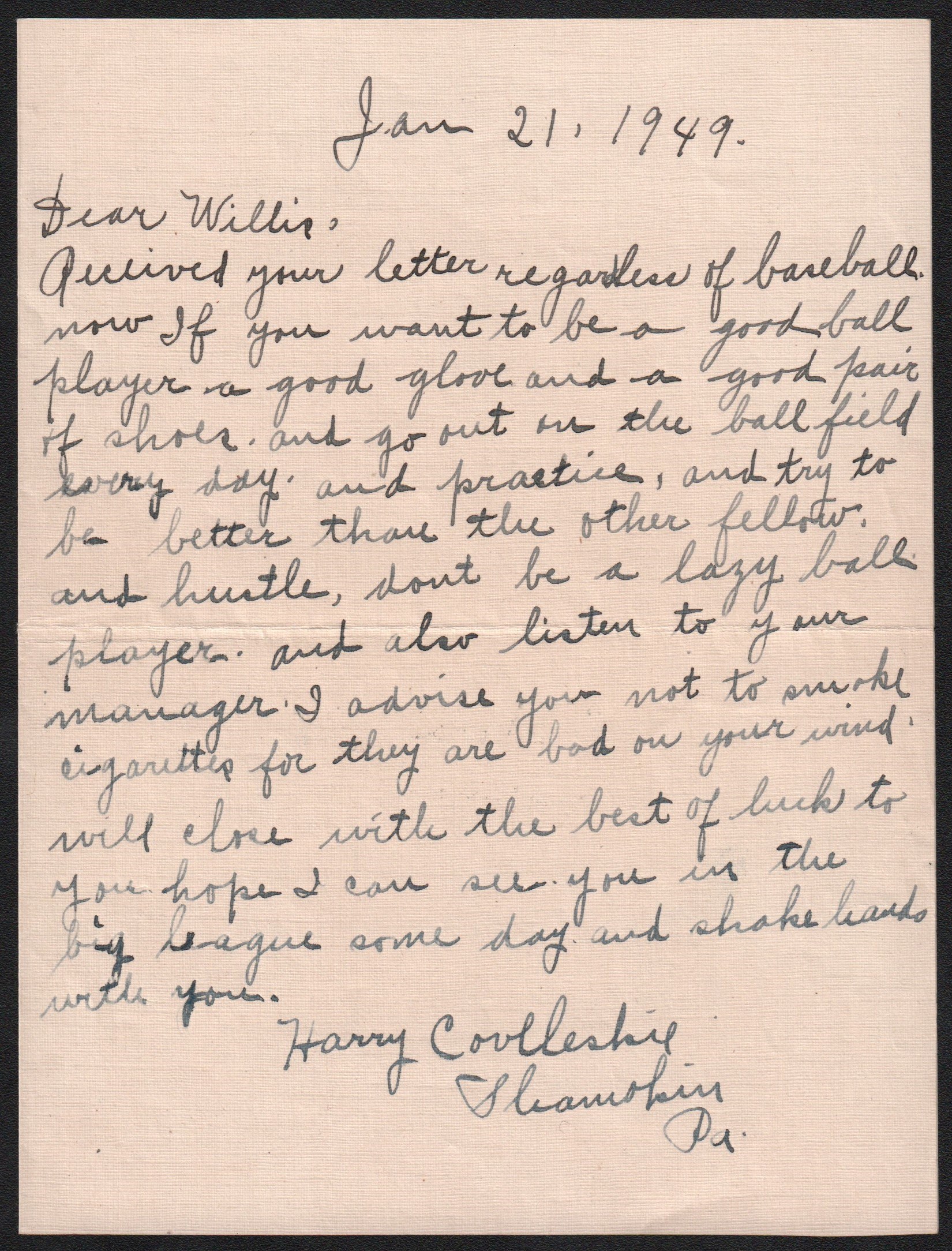 Baseball Autographs - 1949 Harry Coveleski Handwritten Letter - Dangers of Smoking & Baseball