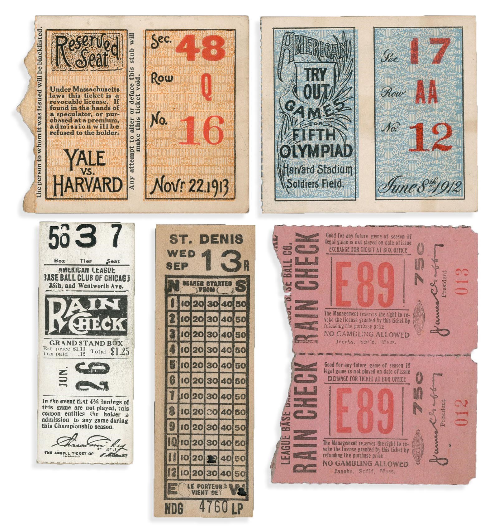 Tickets, Publications & Pins - 1912-13 Sports Ticket Collection (6)