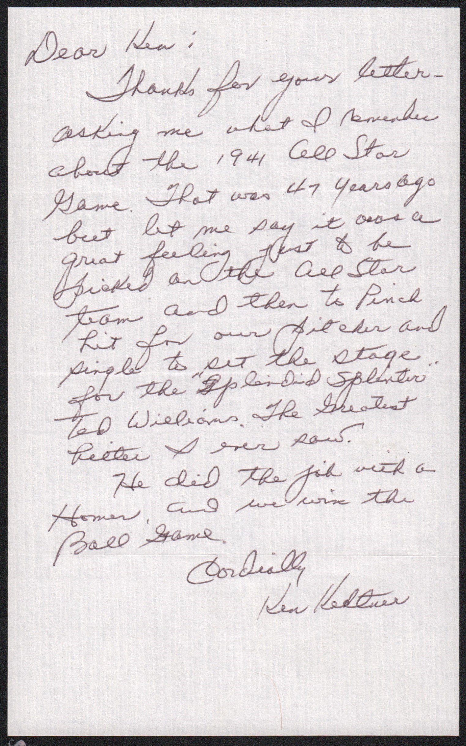 Ken Keltner Handwritten Letter with Ted Williams Famous 1941 All Star Game HR Content