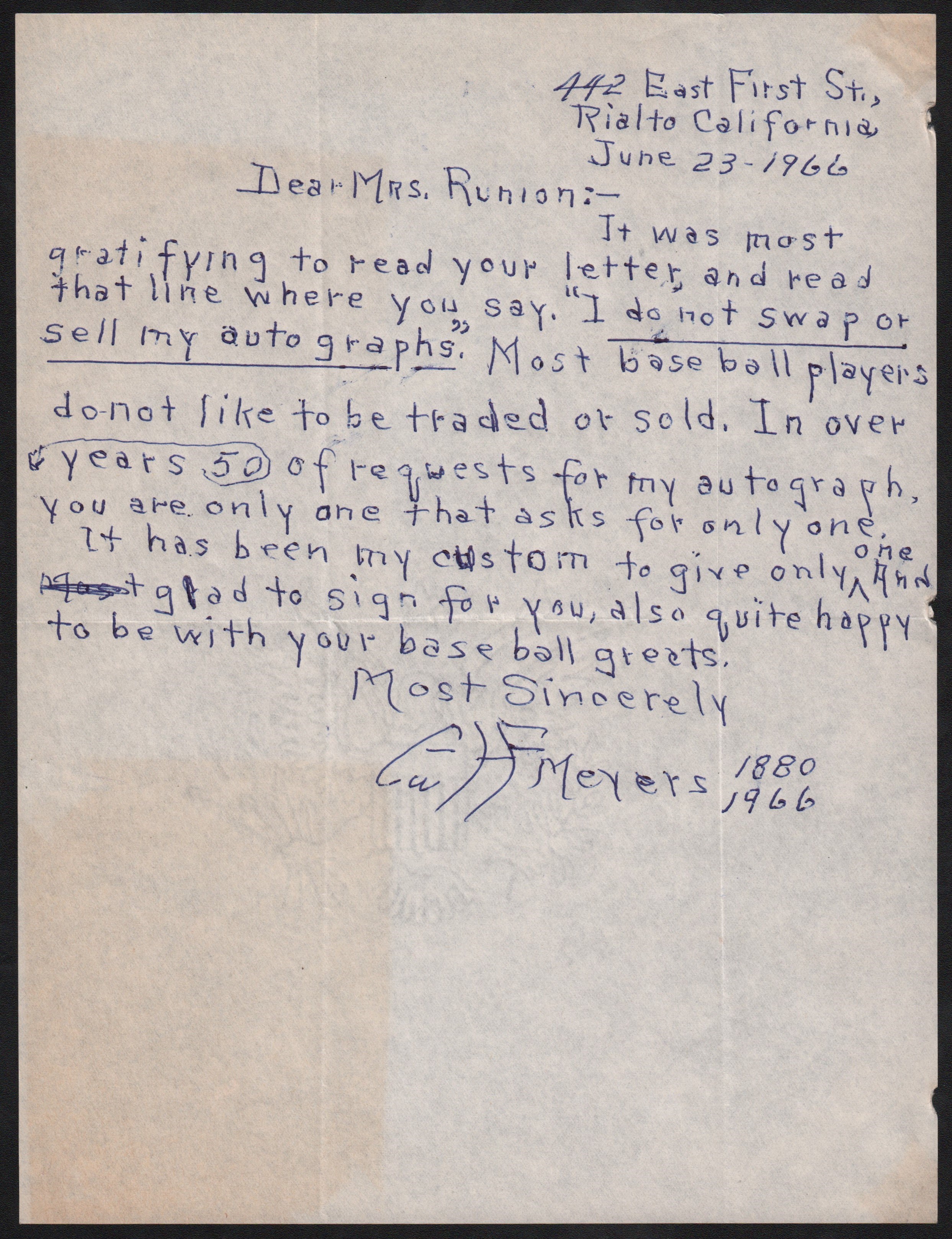 1966 Chief Meyer Handwritten Letter