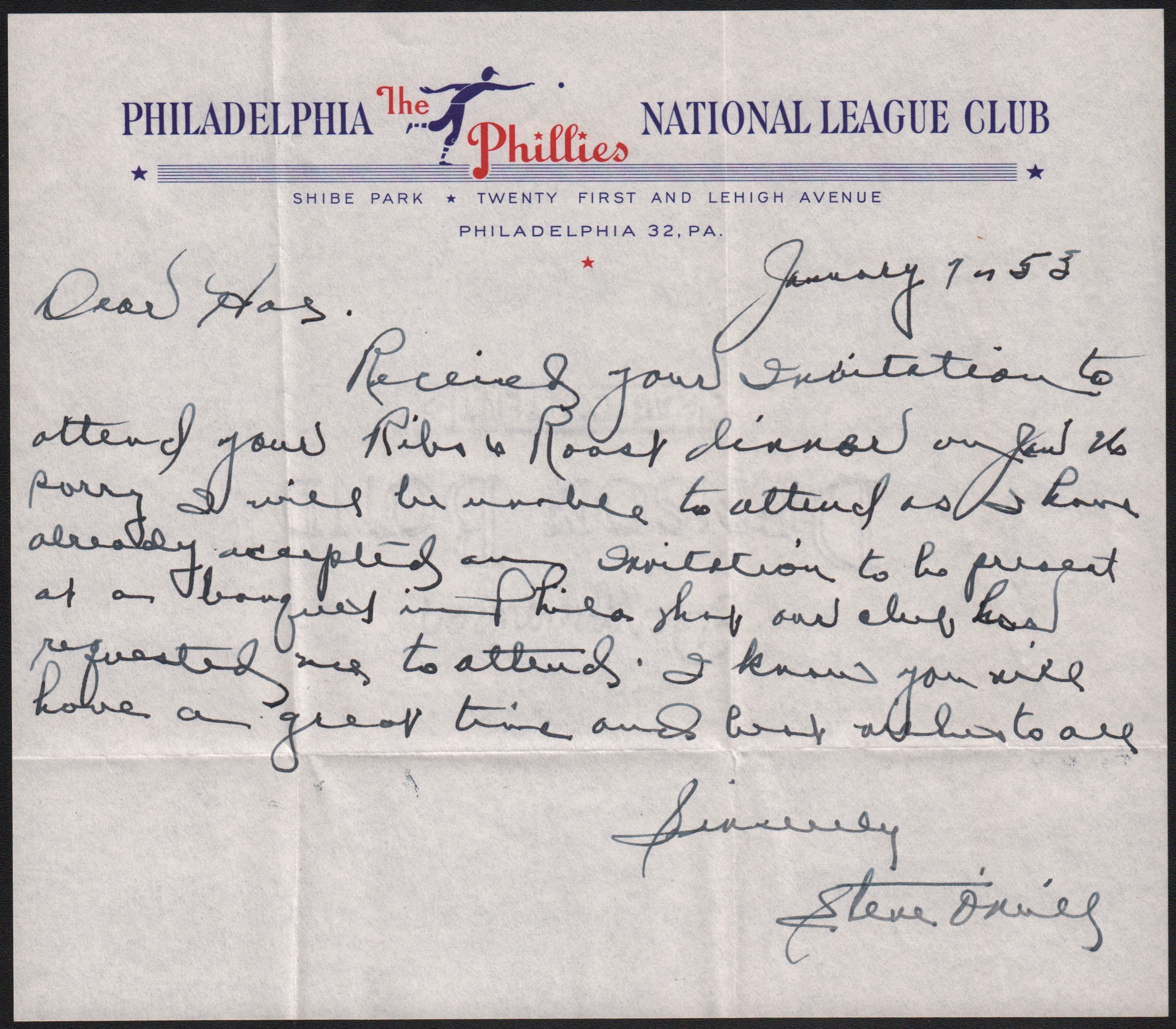 Baseball Autographs - 1953 Steve O'Neill Signed Handwritten Letter on Philadelphia Phillies Stationery