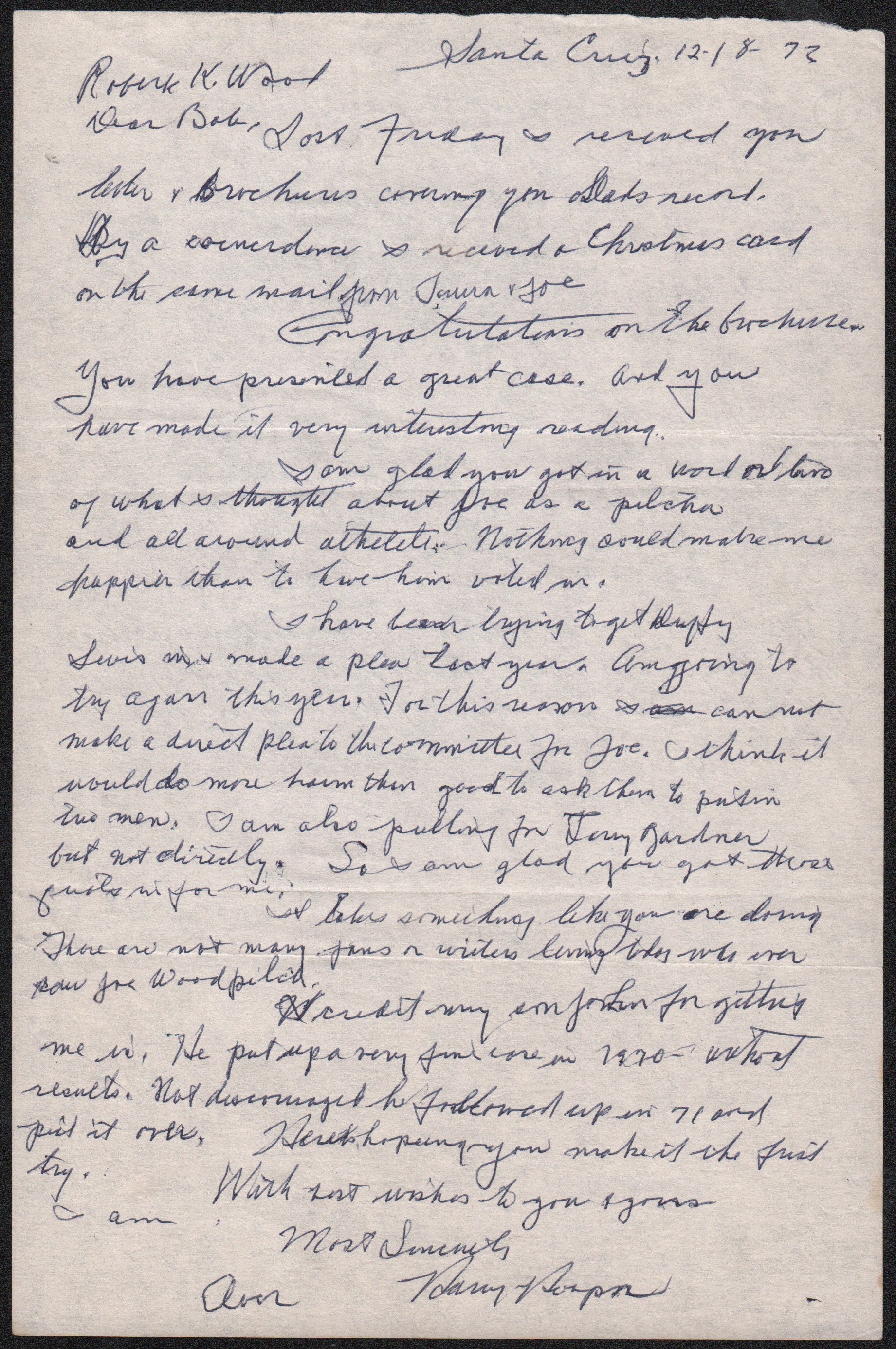 1973 Harry Hooper Handwritten Letter To Smoky Joe Wood's Son