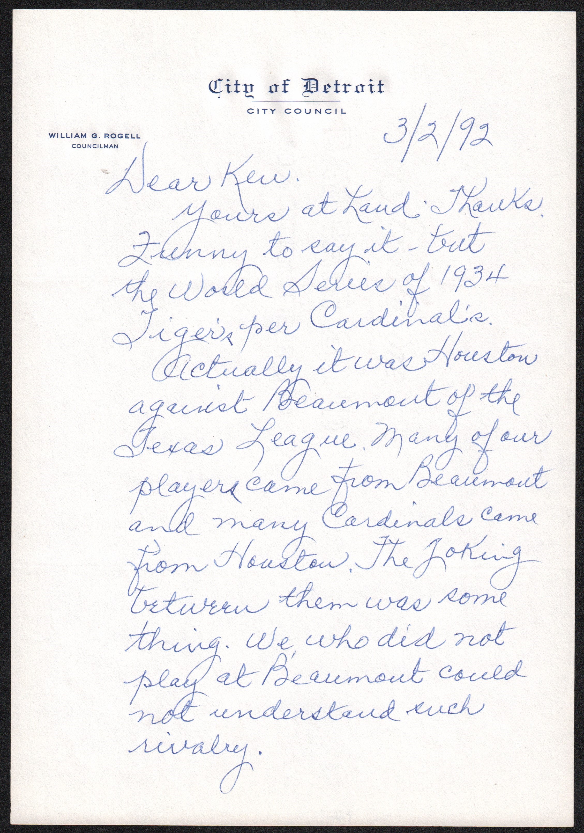 - 1992 Billy Rogell Handwritten Letter r.e Ducky Medwick 1934 World Series Riot