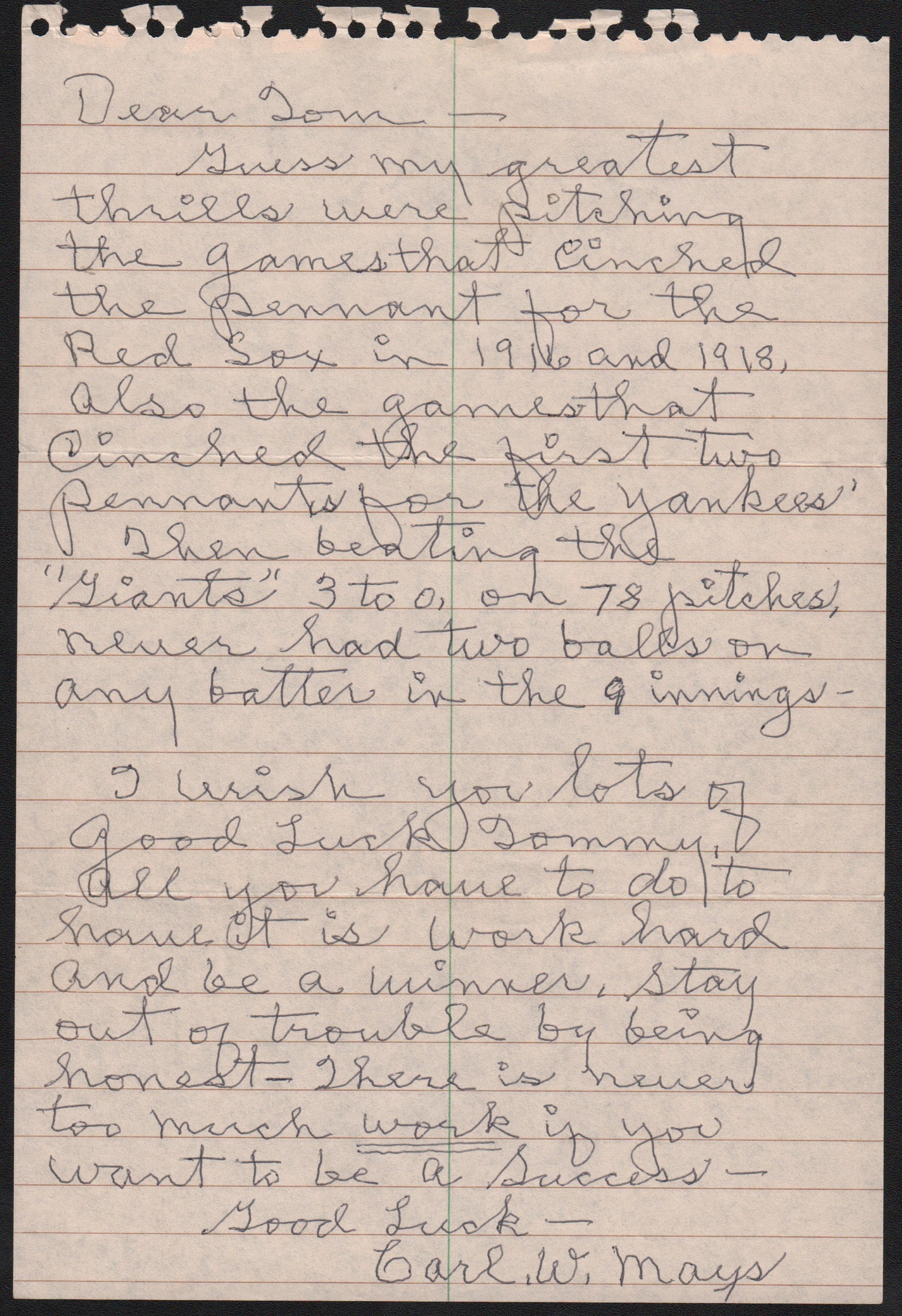 Baseball Autographs - Carl W. Mays "Greatest Thrill" Handwritten Letter