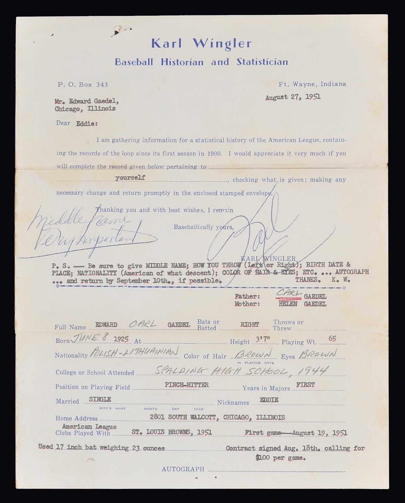 Baseball Autographs - Eddie Gaedel Handwritten Questionnaire to Baseball Historian (PSA/DNA)