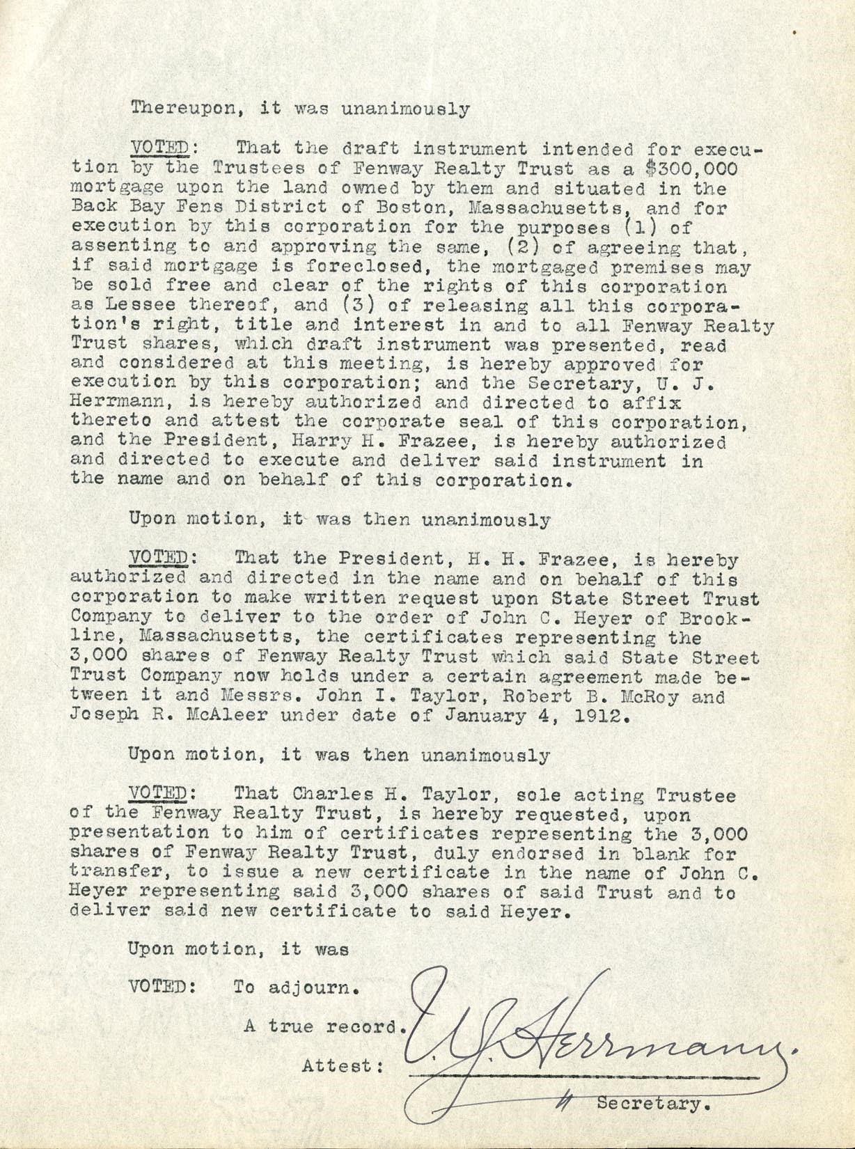 Ruth and Gehrig - 1920 "Curse of the Bambino" Document Pledging Fenway Park to the NY Yankees