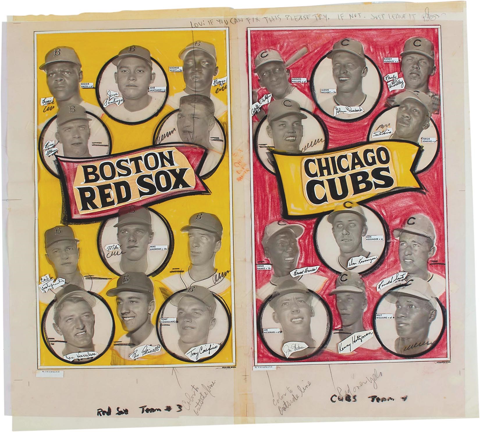 - 1969 Topps Boston Red Sox & Chicago Cubs Team Posters Original Art  - from 1989 Topps Auction