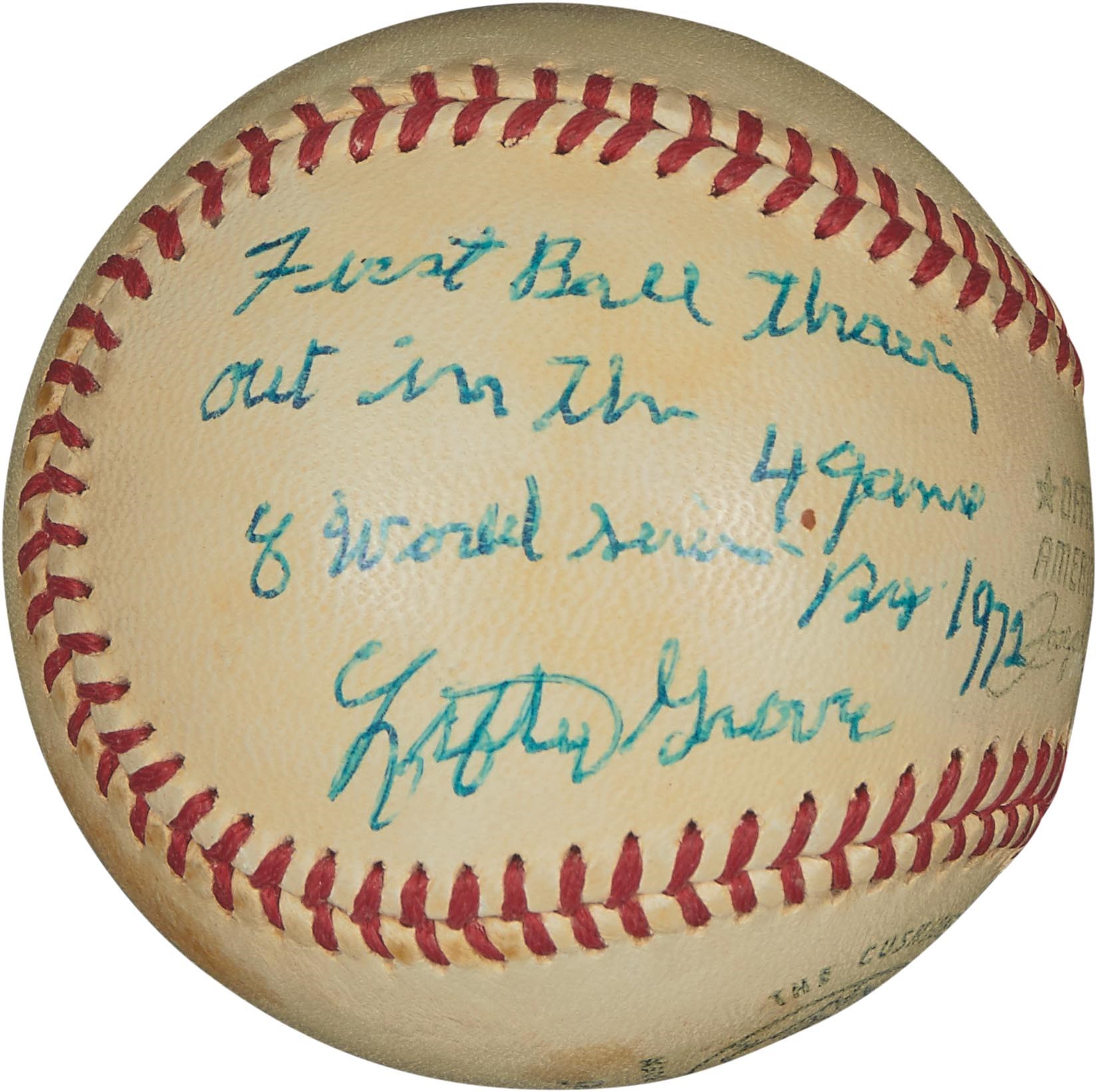 1972 Lefty Grove Single-Signed World Series First Pitch Baseball (PSA)