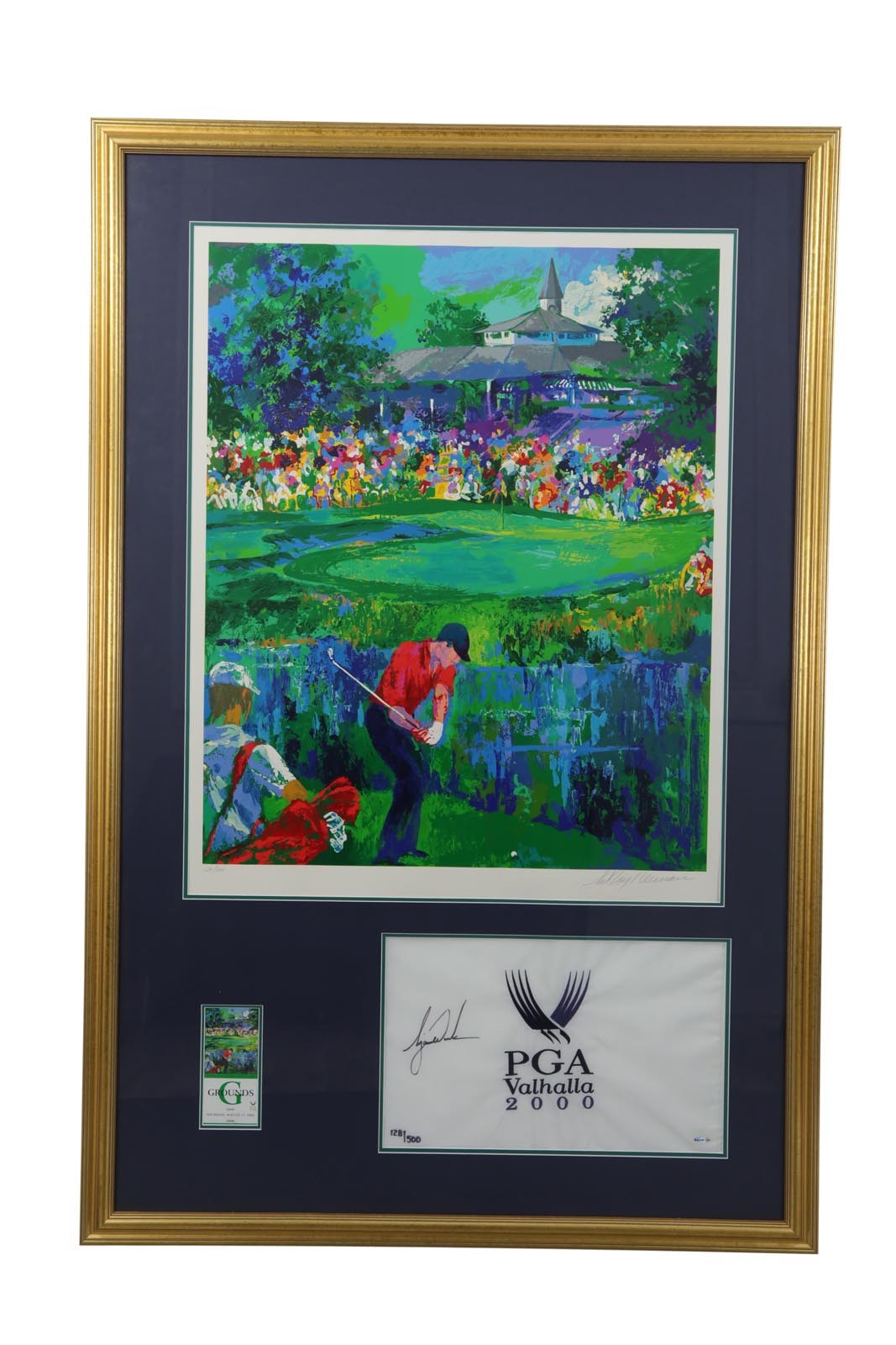 - 2000 LeRoy Neiman Signed "Valhalla" Print, Tiger Woods Signed Valhalla Flag & Valhalla Ticket Display