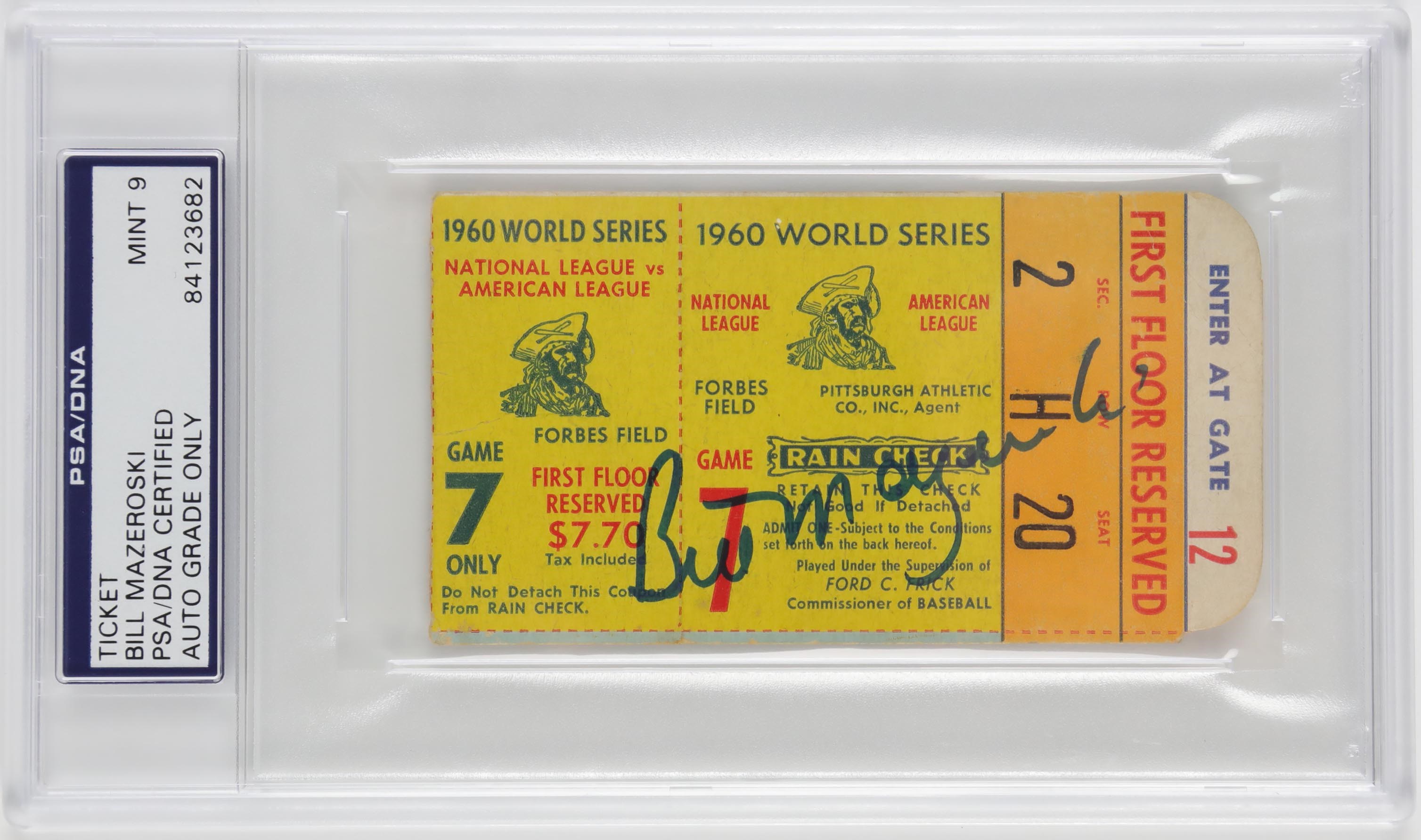 Clemente and Pittsburgh Pirates - 1960 World Series Game 7 Ticket Signed by Bill Mazeroski (PSA MINT 9)