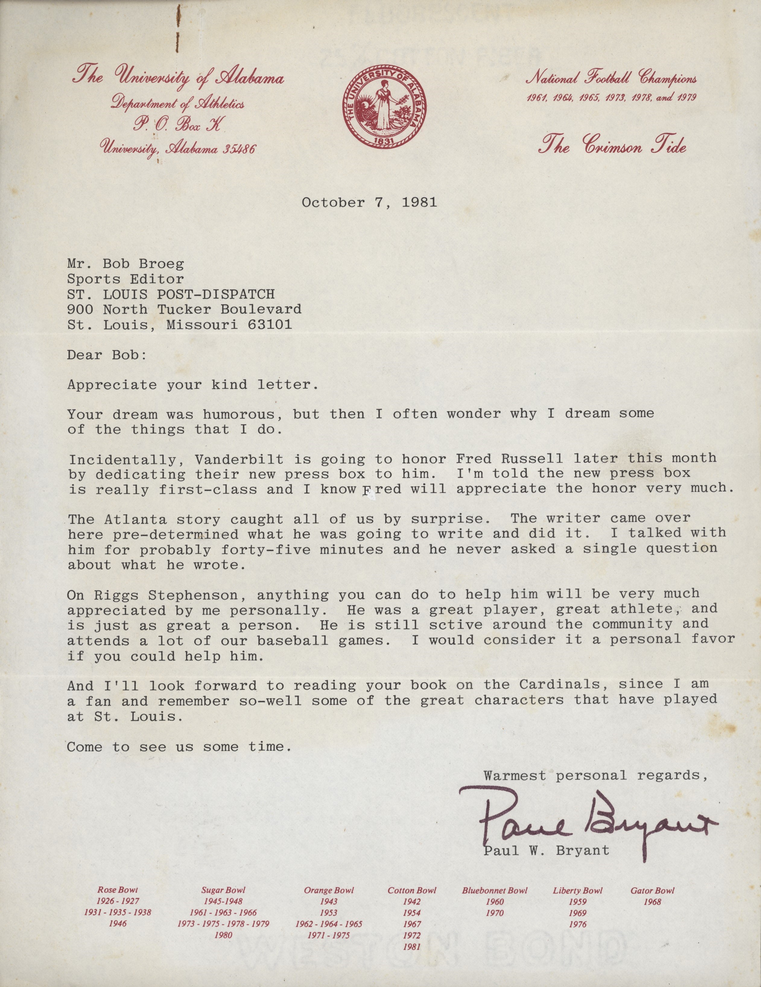 - 1981 Bear Bryant Signed Letter to Bob Broeg