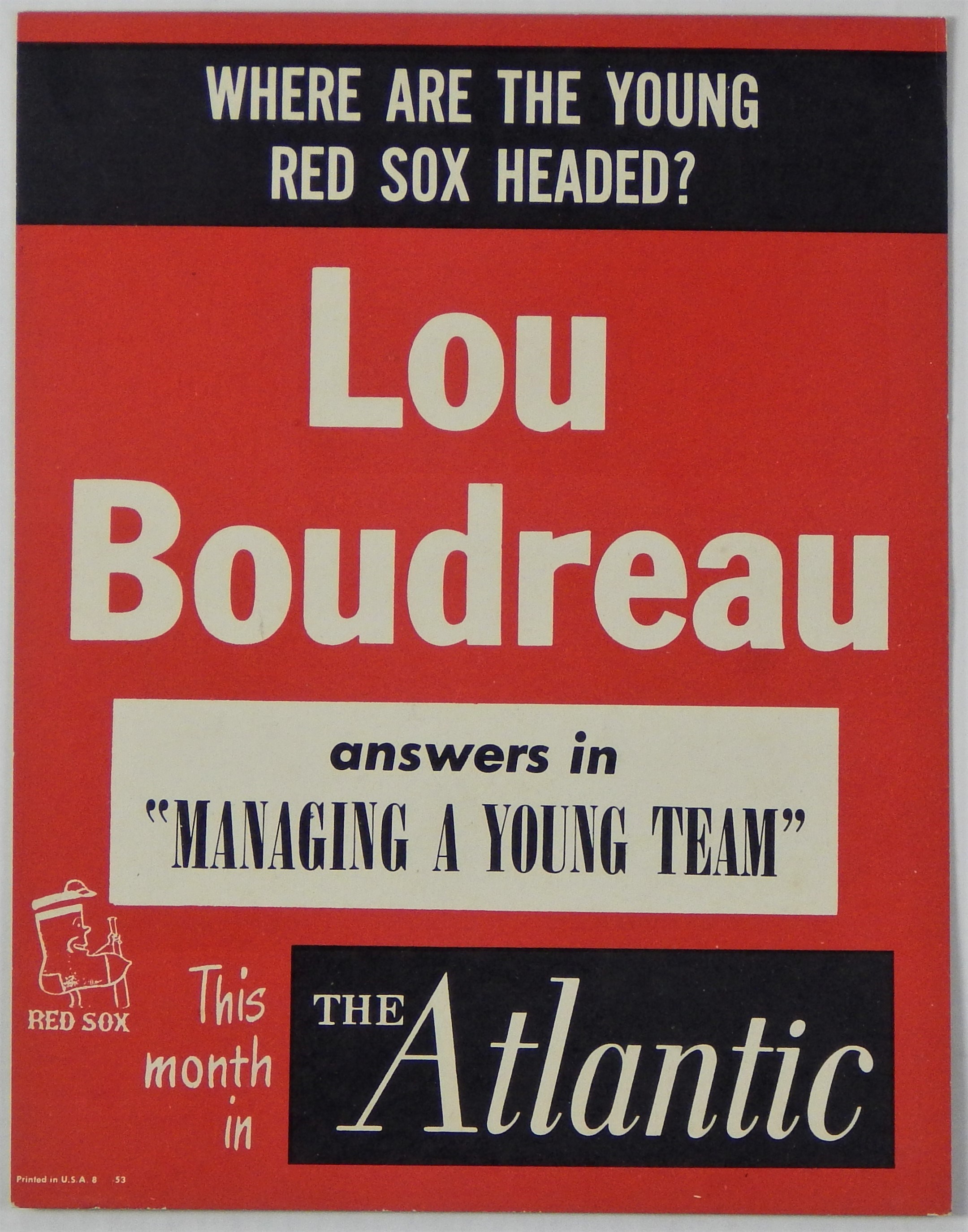 - 1950 Lou Boudreau Boston Red Sox Advertising Sign 14x10.5"