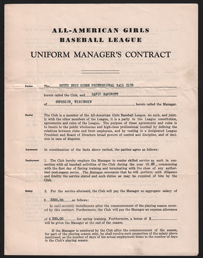 - 1949 Dave Bancroft All American Girls Baseball Contract
