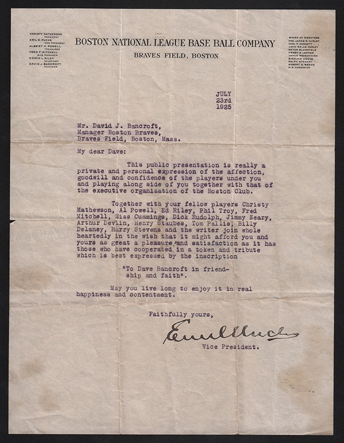 Dave Bancroft Collection - 1925 Emil Fuchs (Boston Braves Owner) Congratulatory Letter from Team w/ Christy Mathewson