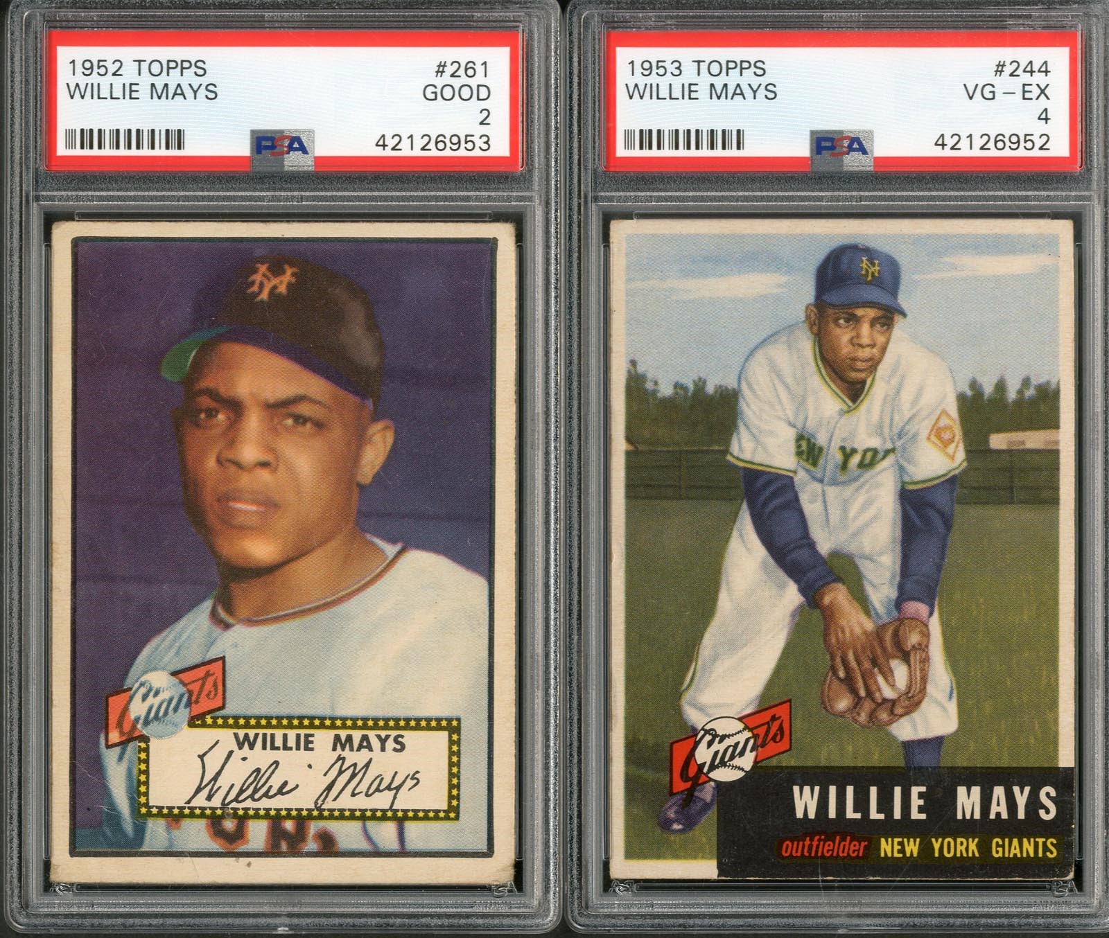 - 1952 Topps Willie Mays (PSA 2) & 1953 Topps Willie Mays (PSA 4)