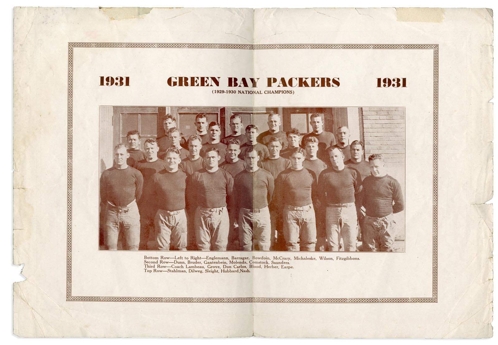 - 1931 Green Bay Packers Large Fold-Out Away Schedule with Team Photo