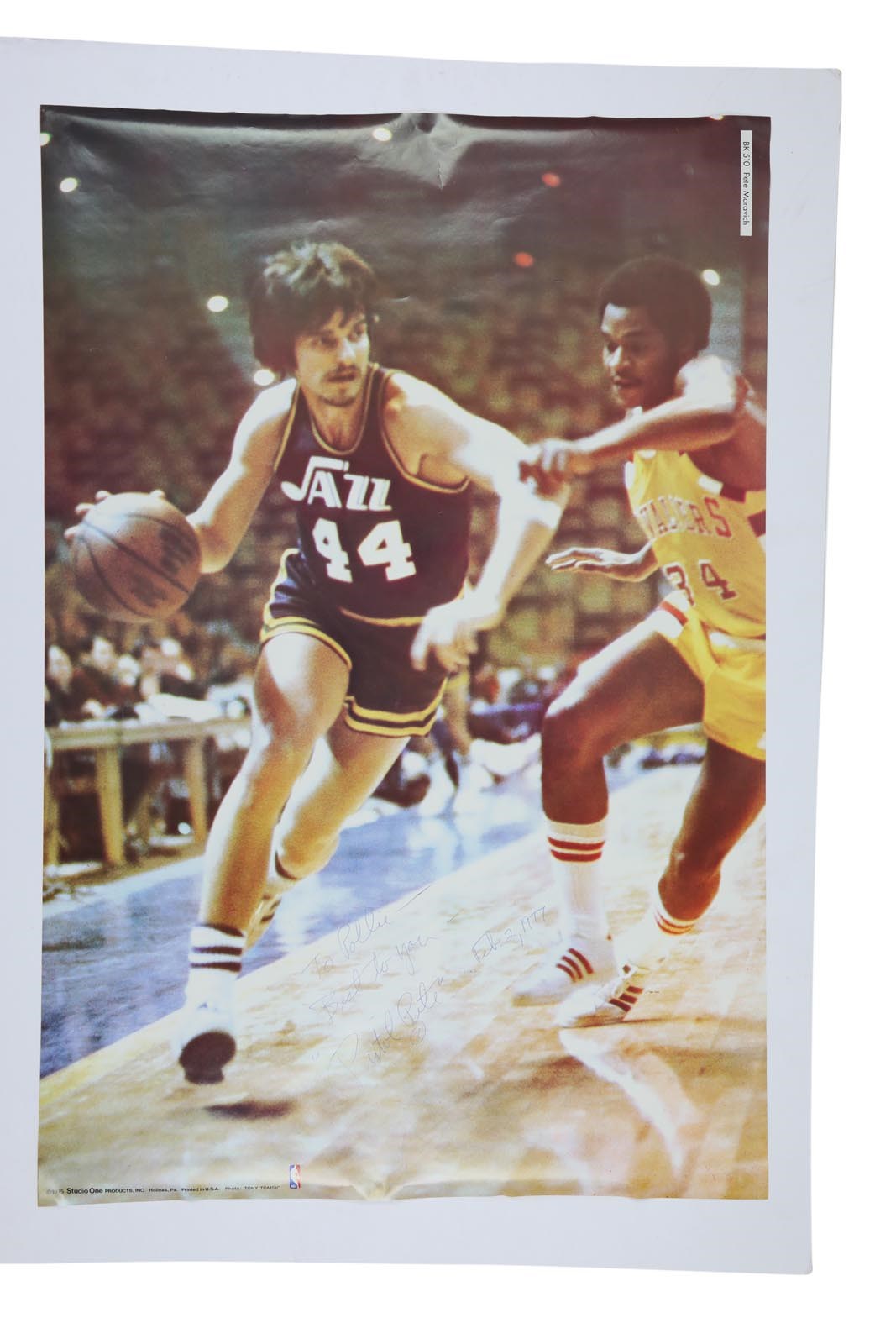 - 1975 "Pistol Pete" Maravich Signed Poster - Guinness Record Largest Maravich (PSA)