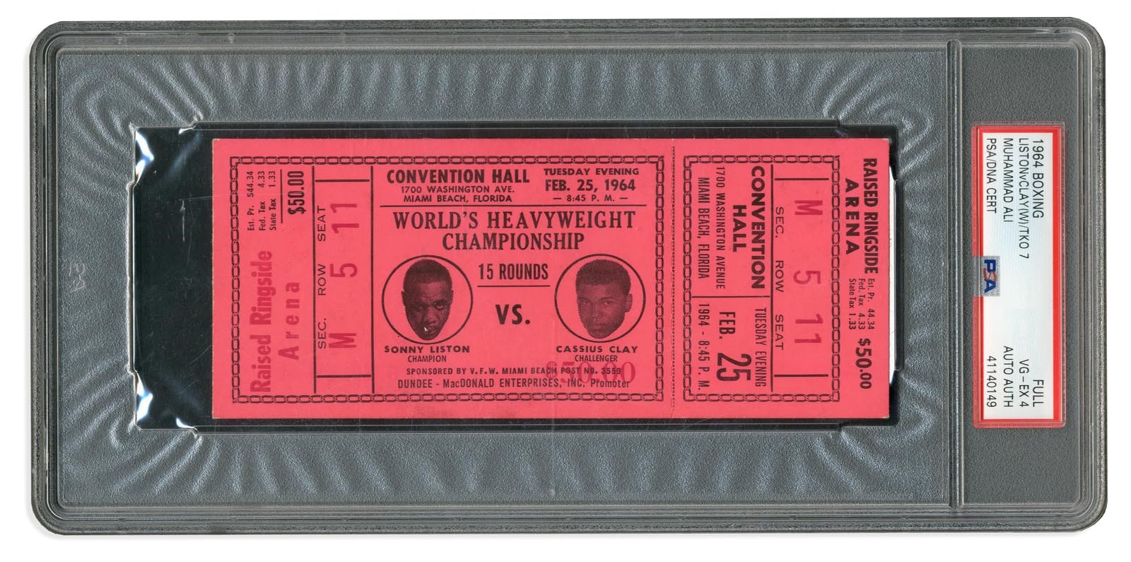 Muhammad Ali & Boxing - 1964 Cassius Clay vs. Sonny Liston I Signed Full Ticket (PSA)