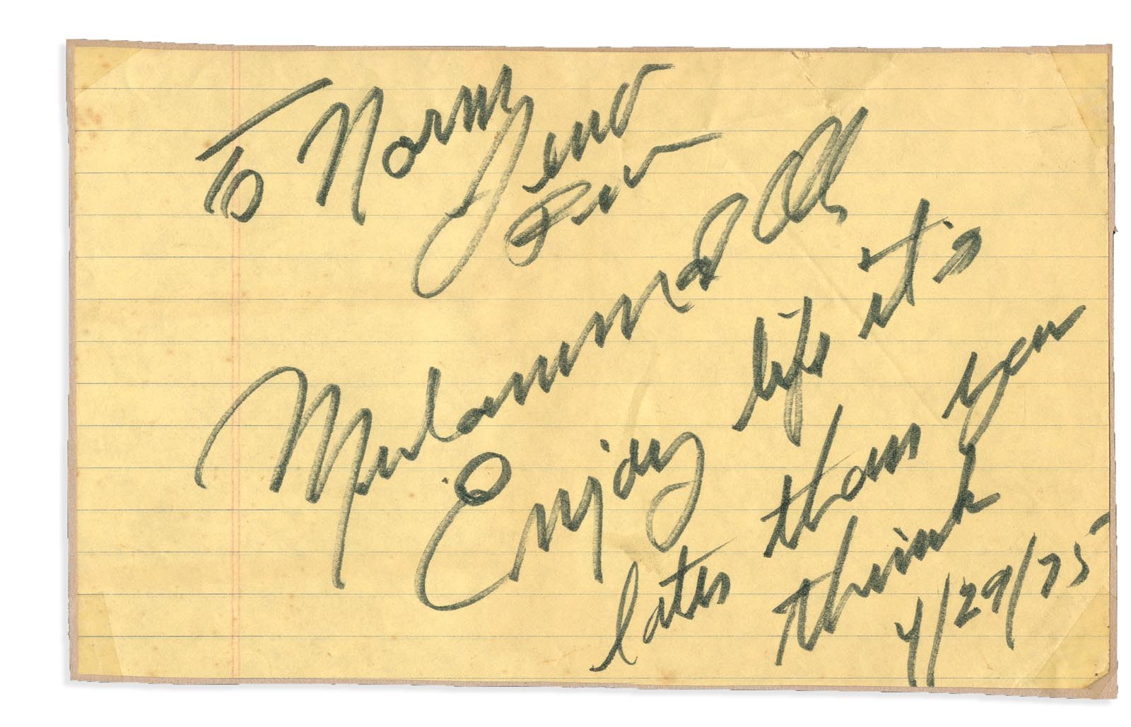 - Large 1975 Muhammad Ali Signed "Enjoy Life" Handwritten Note