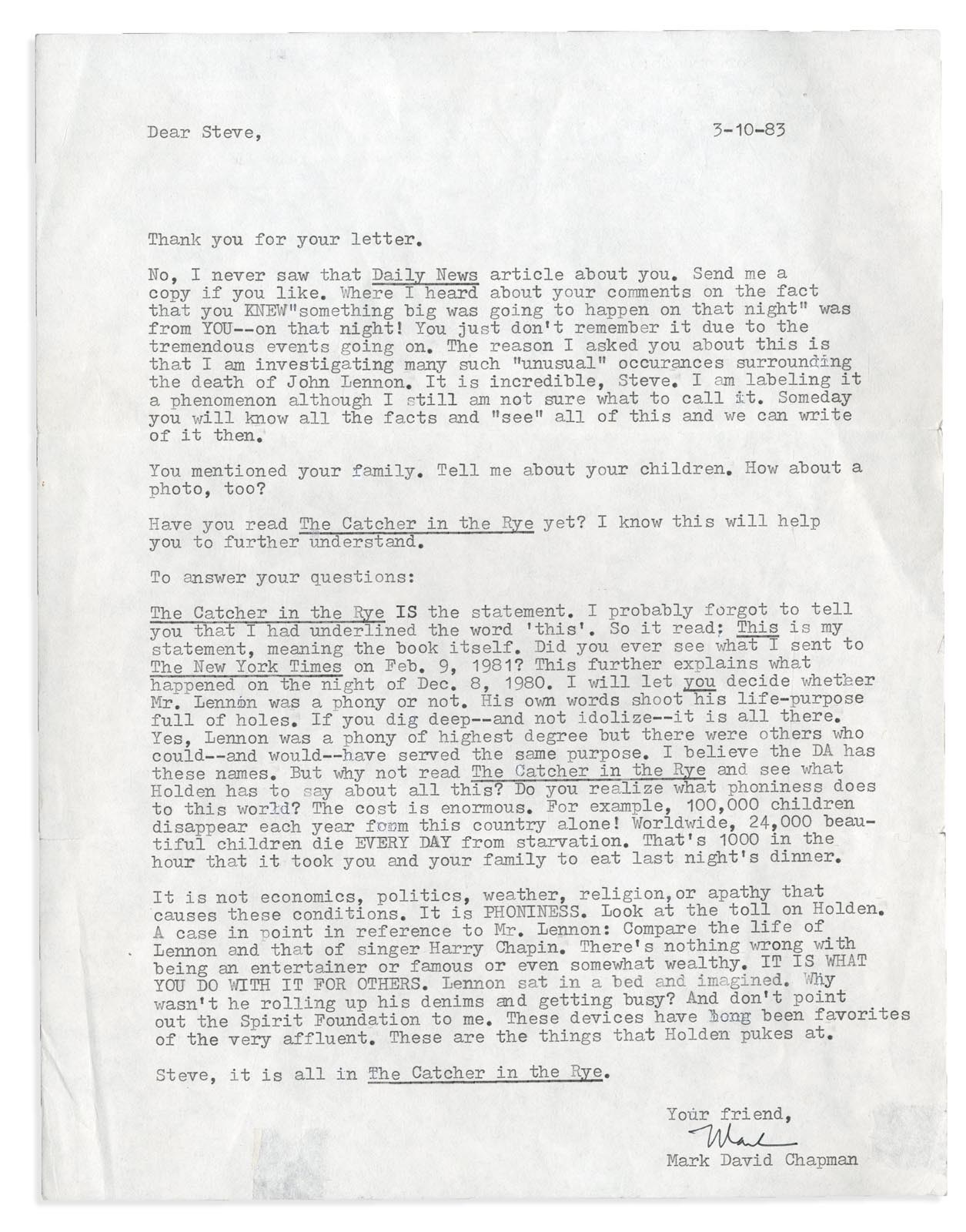 - "Catcher in the Rye" Letters from Mark Chapman to his Arresting Officer (4)