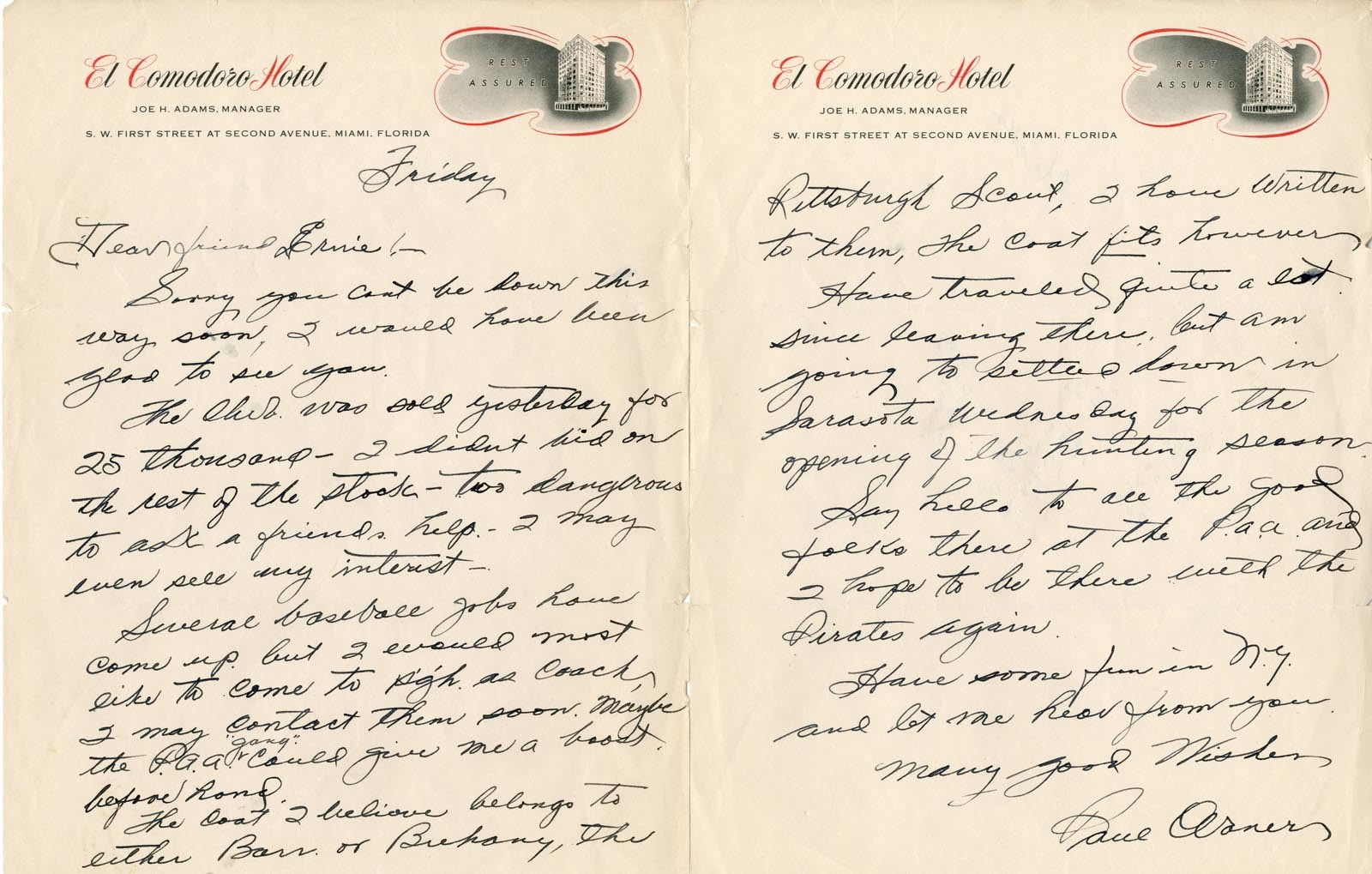 Clemente and Pittsburgh Pirates - 1940s Paul Waner Handwritten Two Page Letter (PSA)