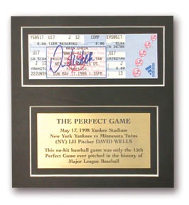 - 1998 David Wells Signed Perfect Game Ticket (11x11” framed)