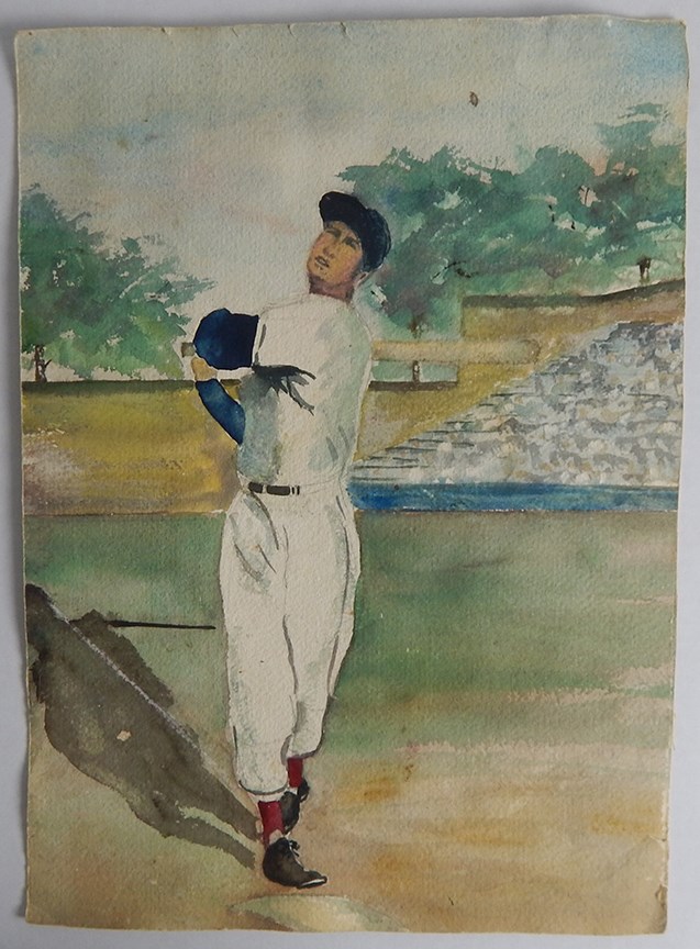 - 1950's Ted Williams Double Sided Watercolor (Ex-Ted Williams Museum & Hitters Hall of Game)