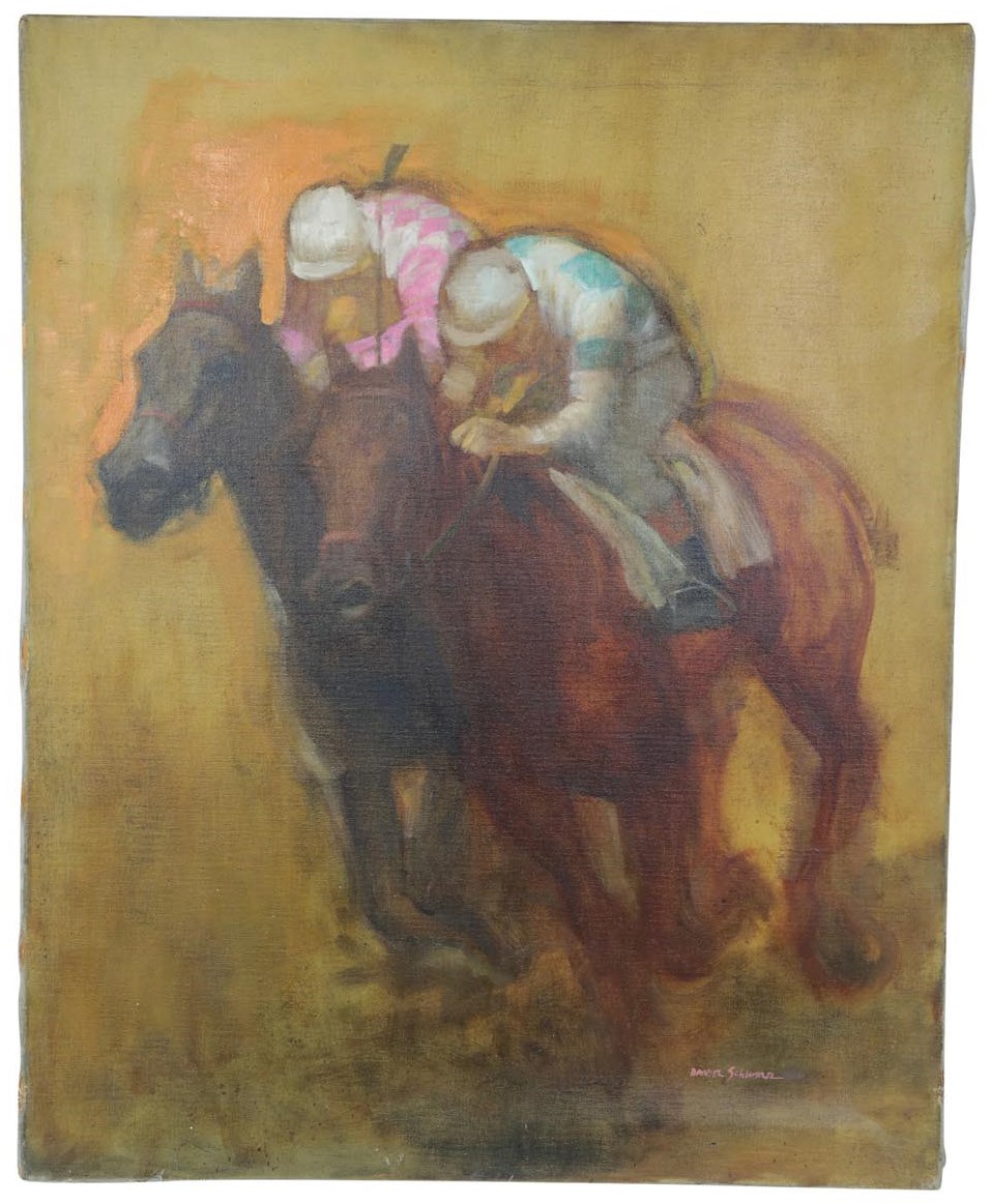 Horse Racing - 1953 Kentucky Derby Upset "Finish Line" Oil on Canvas by Daniel Schwartz - Featured in 1960 Esquire Magazine