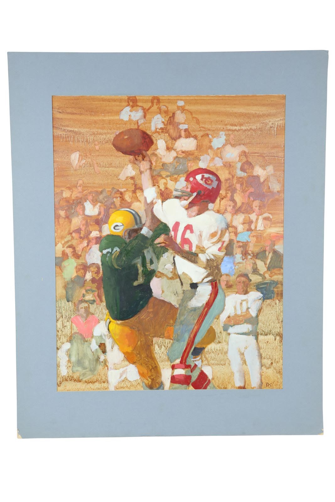 - 1967 Super Bowl Green Bay Packers v KC Chiefs Original Artwork by Daniel Schwartz - Published in Super Bowl IX Program