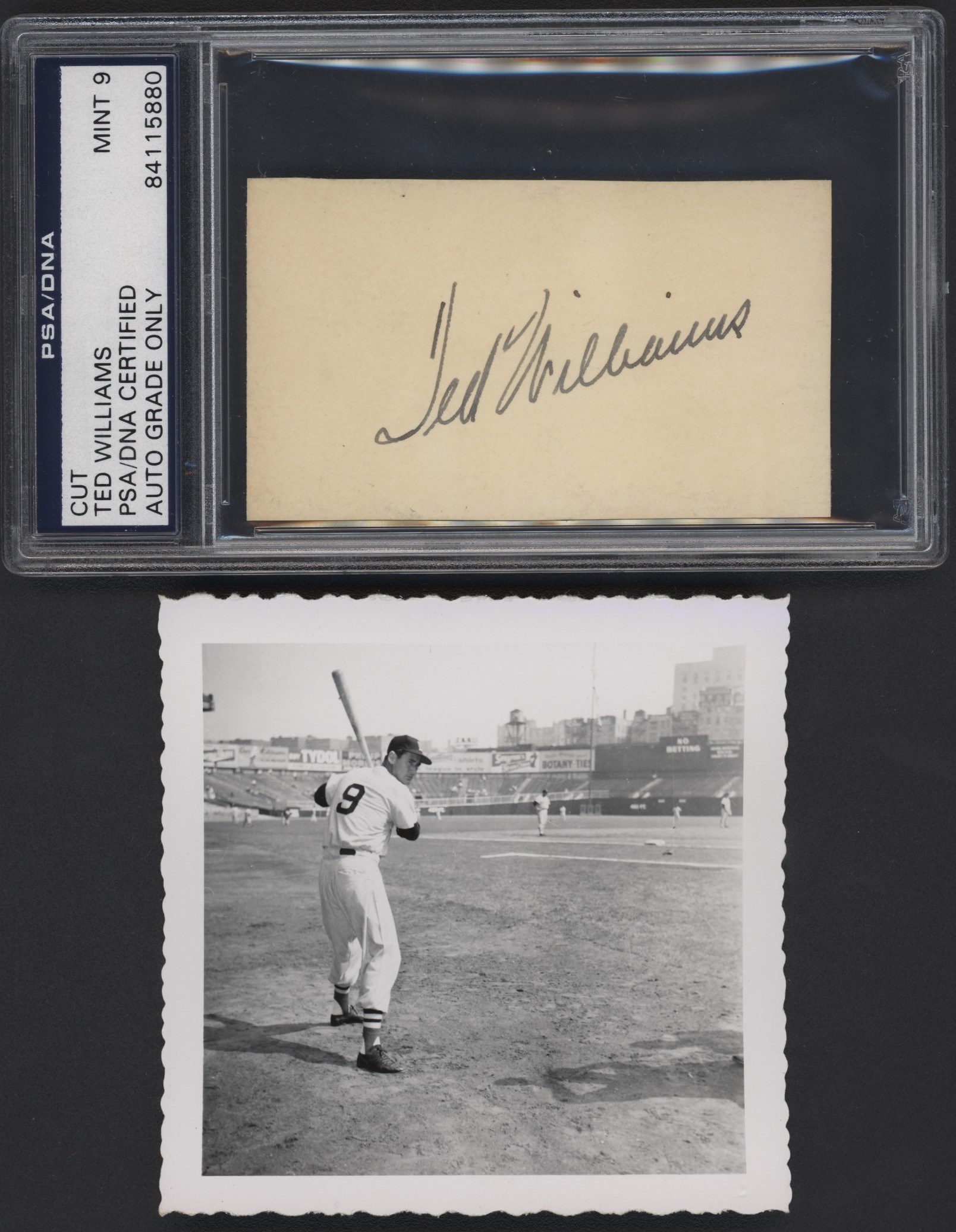 - 1940's Ted William PSA Mint 9 Signature w/ Matching Snapshot