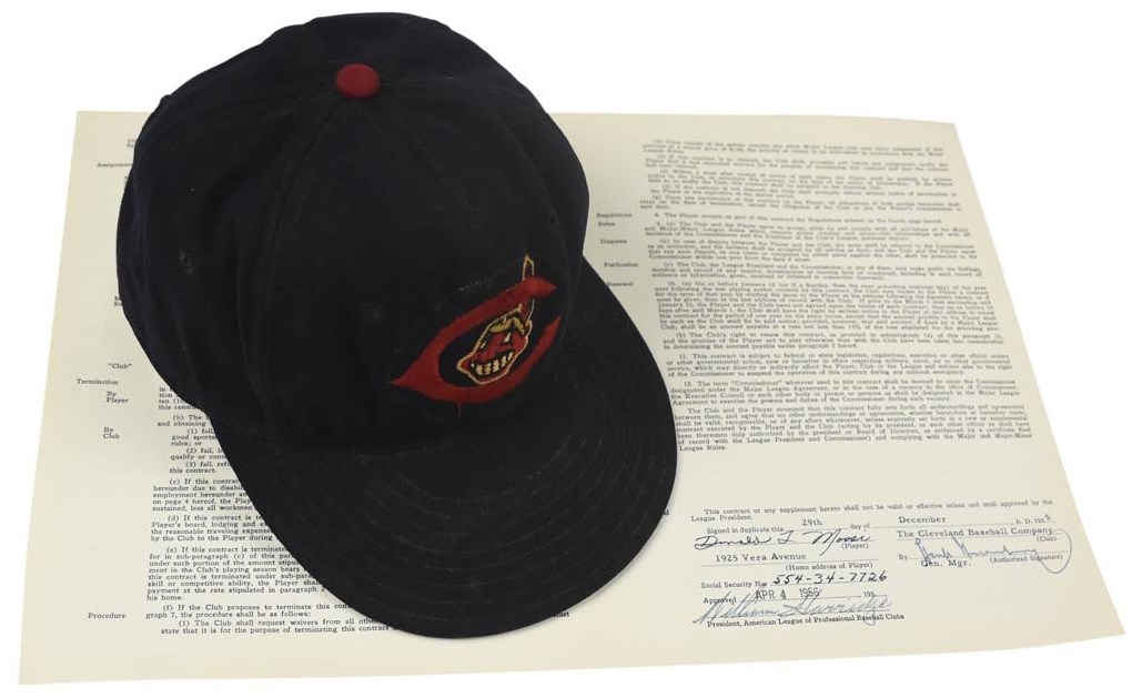 - Don Mossi Cleveland Indians Game Used Cap and Signed Contract